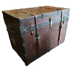 Antique 19th C. Large American All Leather Steamship Trunk with Dated Export Travel Tags