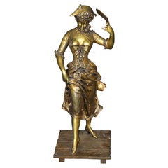 19th C. Large Belle Epoque Bronze Statue of Lady with Fan Signed Paul Dubois