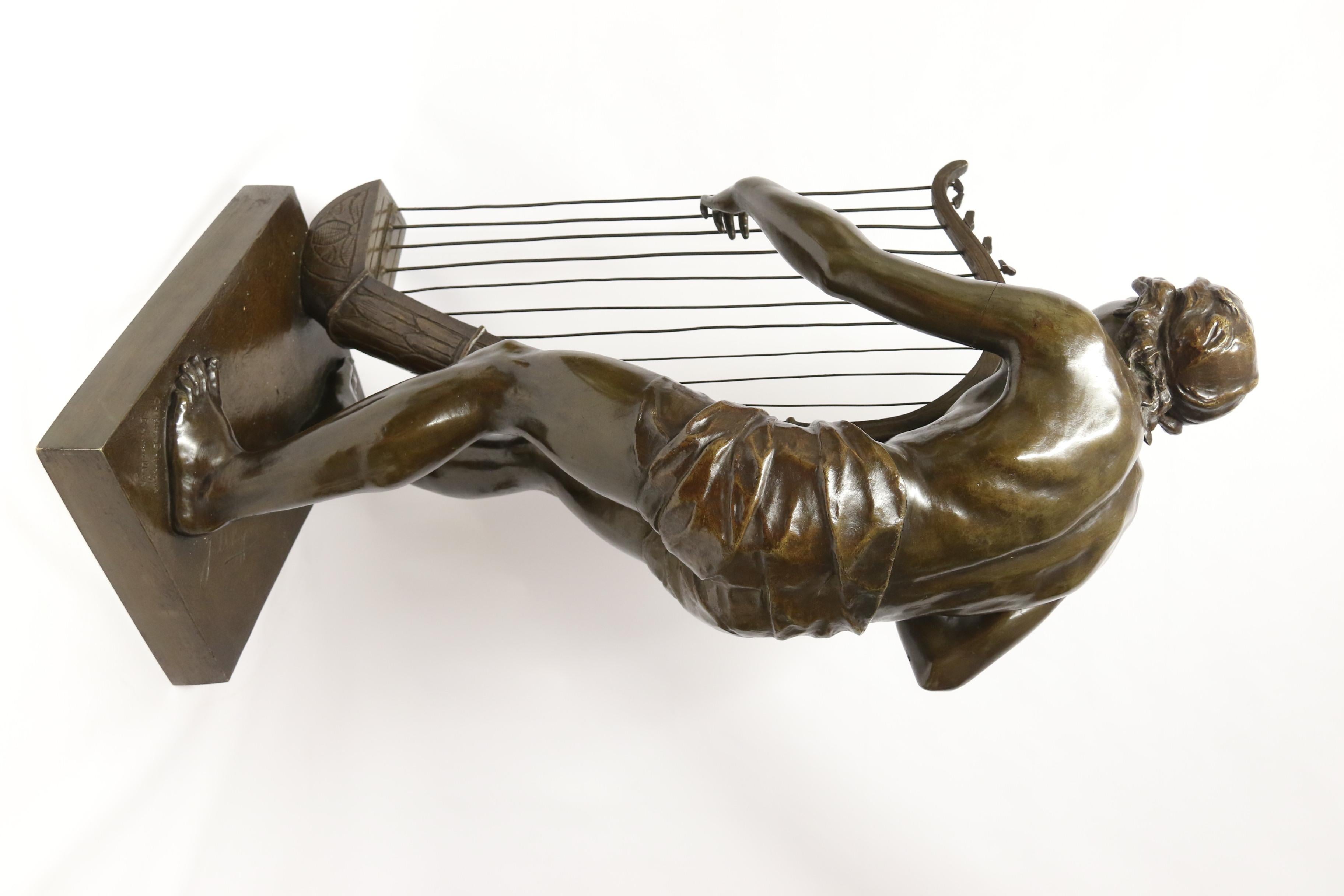 19th C Large Bronze Study of of the Biblical Figure of David Playing the Harp 3