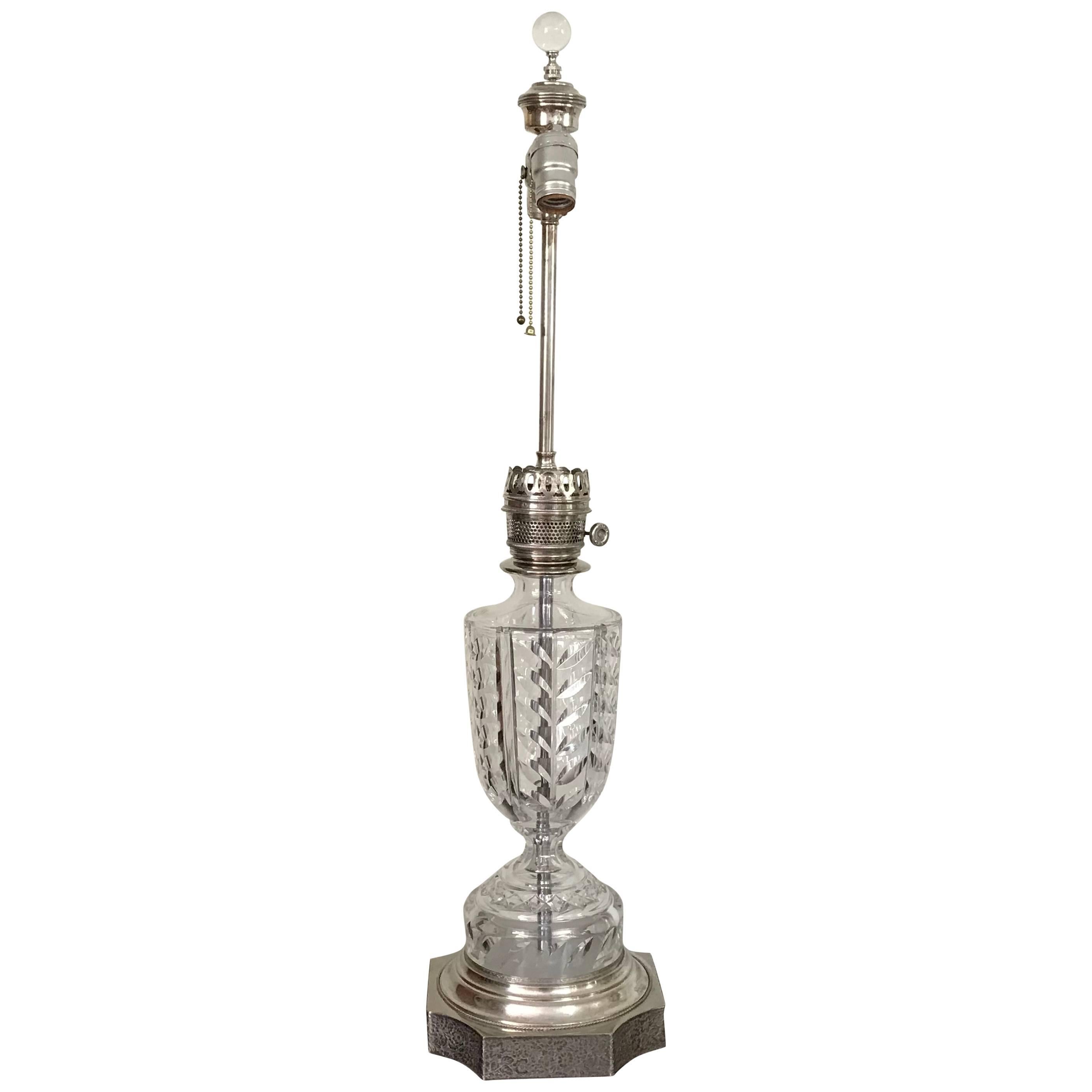 19th Century Large Cut-Crystal and Silver Plate Lamp