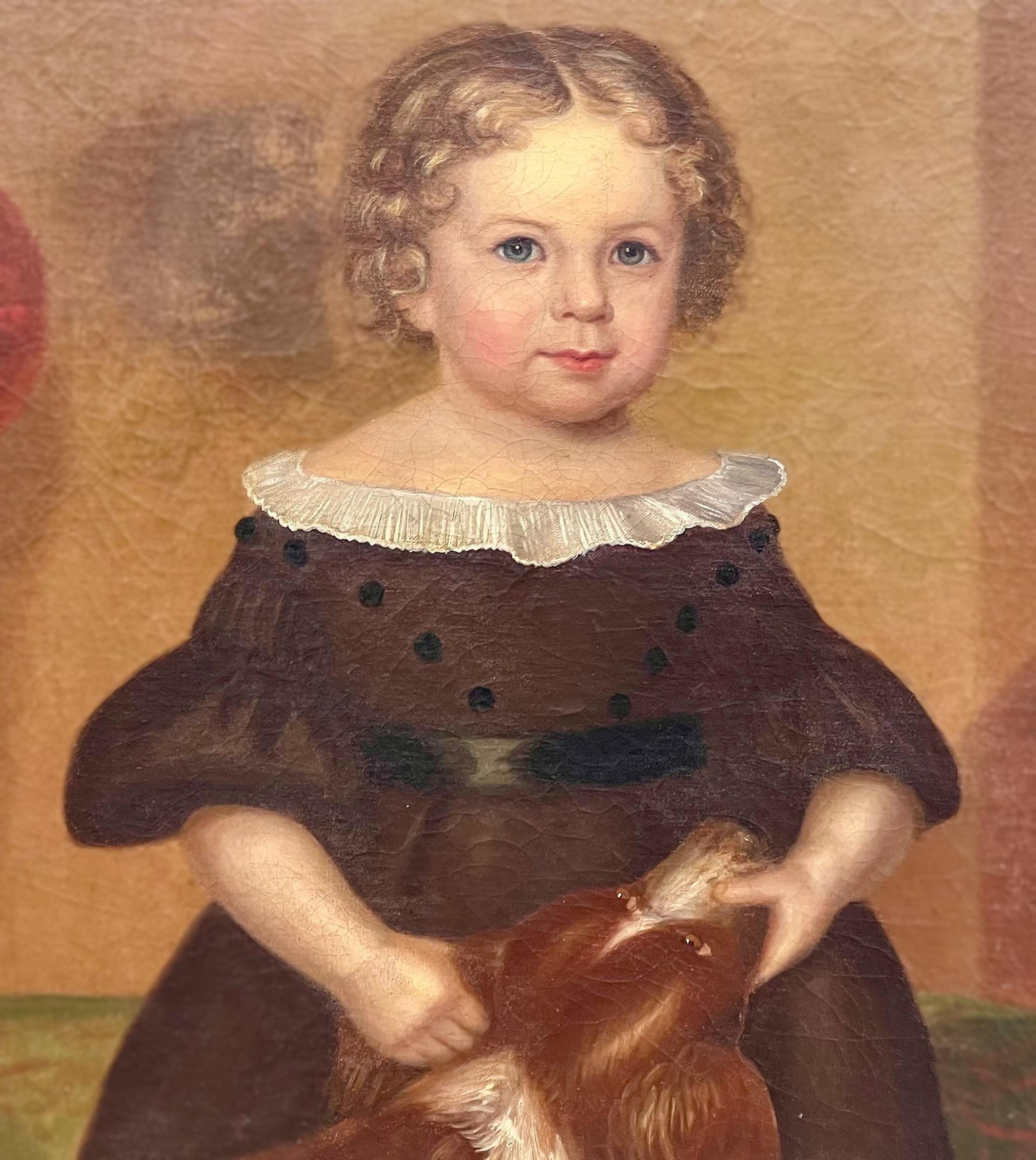 19. Jahrhundert. Großes gerahmtes Volkskunstgemälde, Öl auf Leinwand, Gemälde, Kind mit Spaniel, Hund  (amerikanisch)