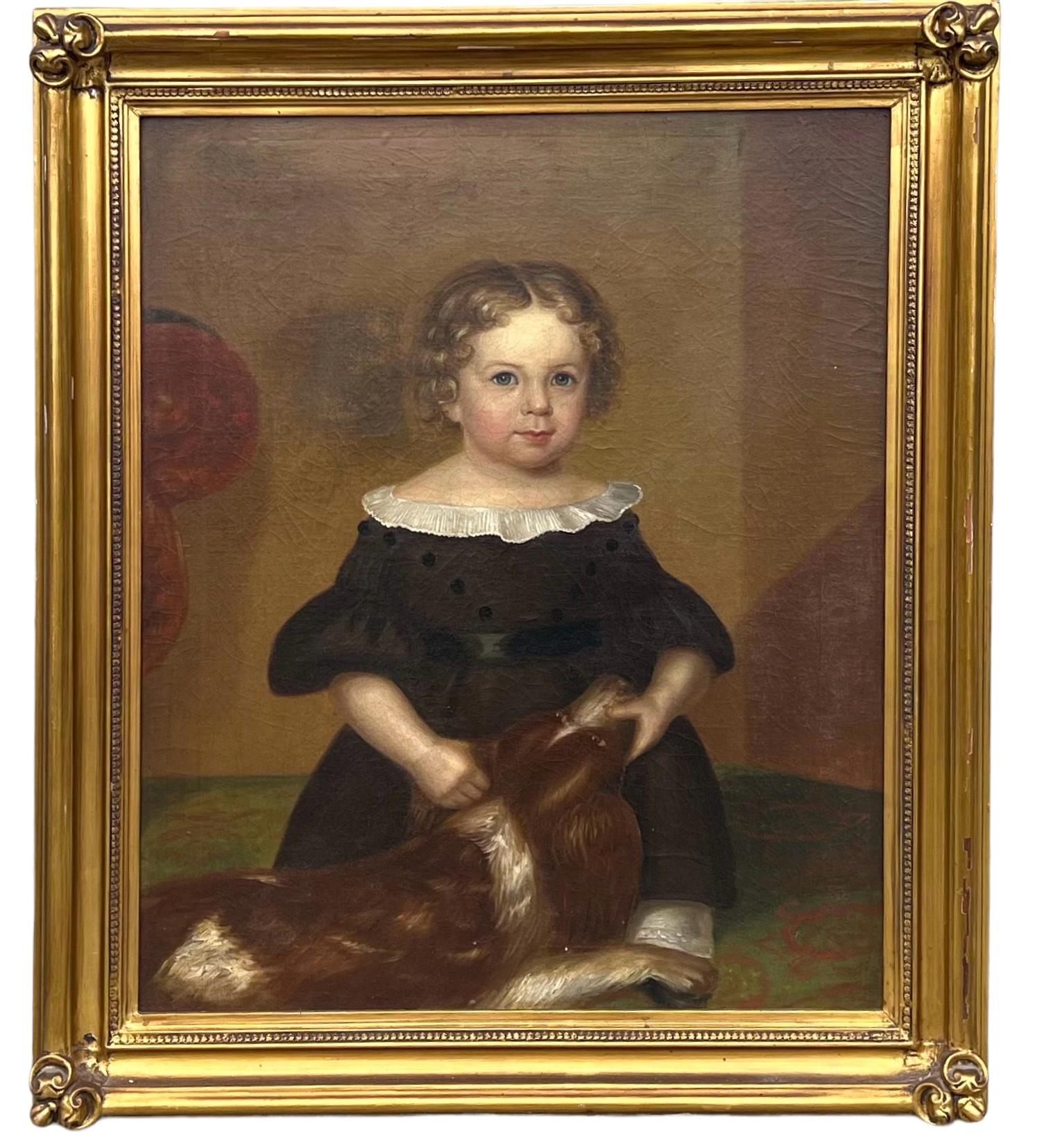 19th-C. Large Framed Folk Art Oil On Canvas Painting Child With Spaniel Dog  For Sale 1