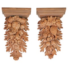 19th-C. Large French Carved & Cerused Fruit & Floral Pine Wall Brackets - Pair