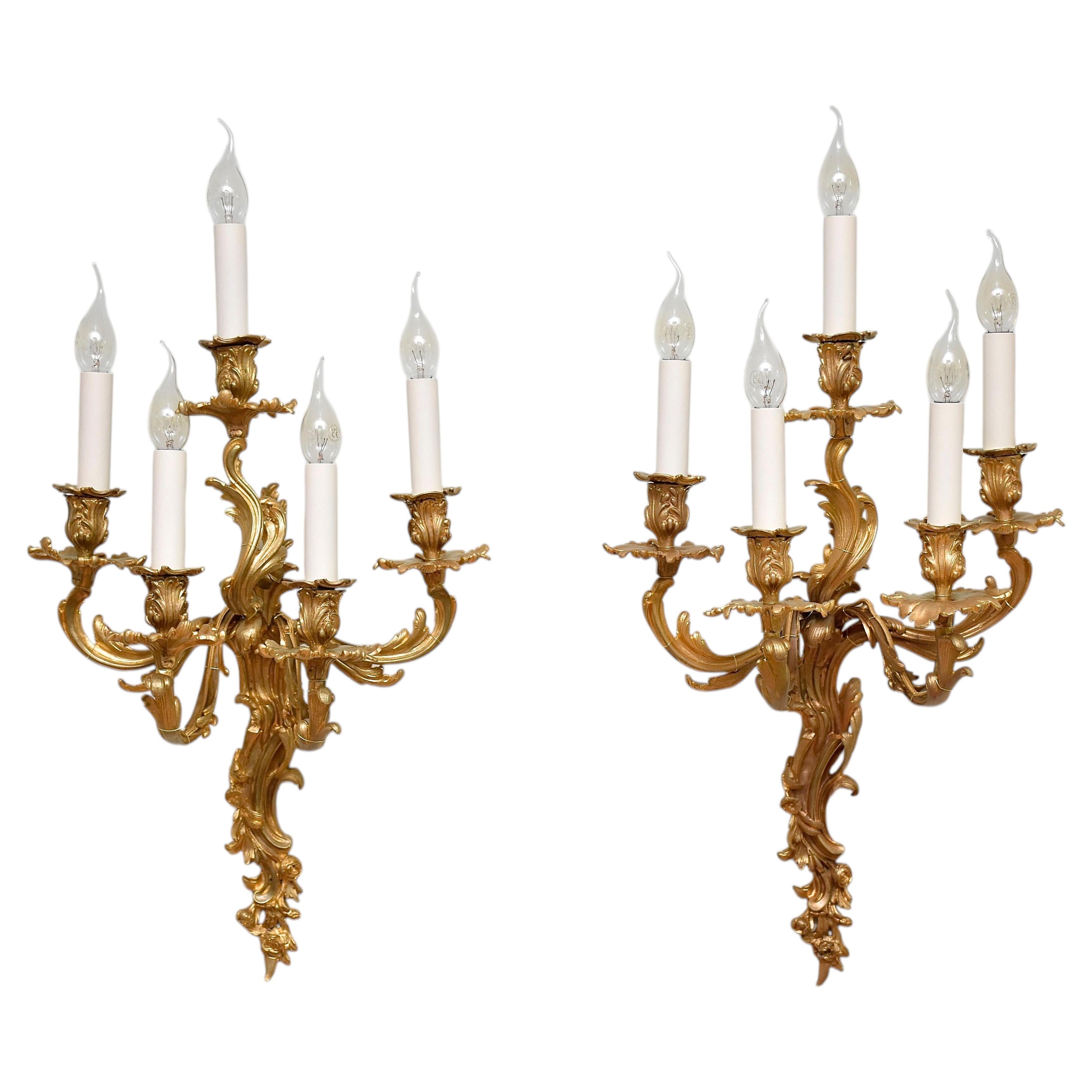 19th c. large gilt bronze wall sconces in the style of Louis XV