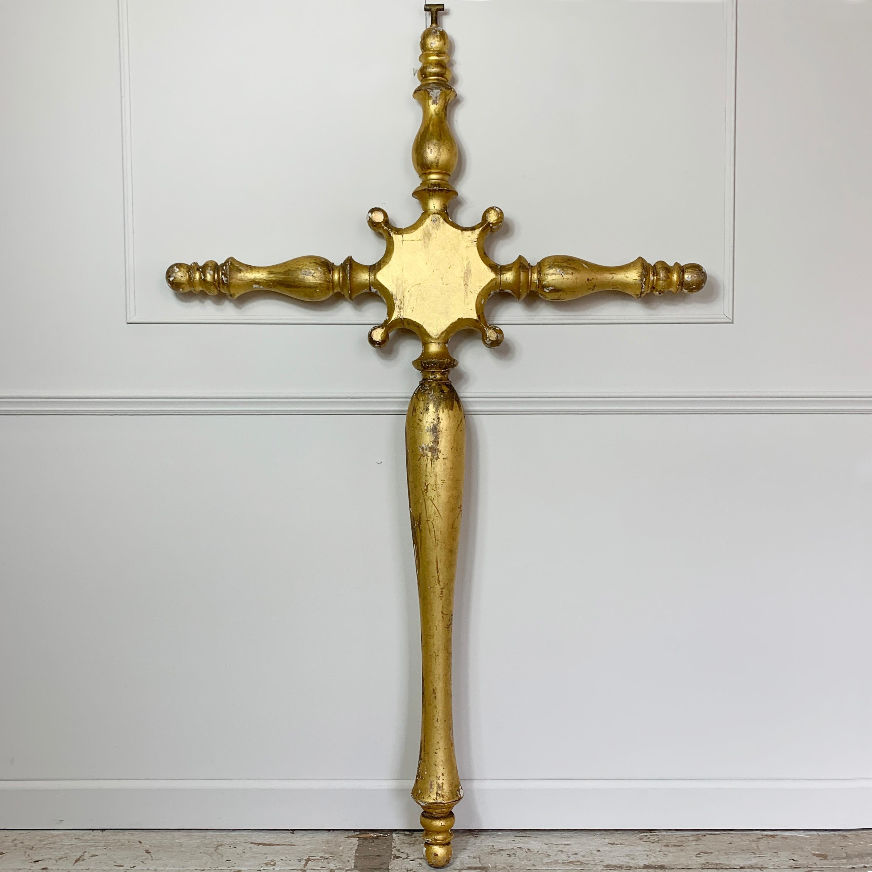 19th C Large Religious Gold Gilt Wood Processional Cross 5