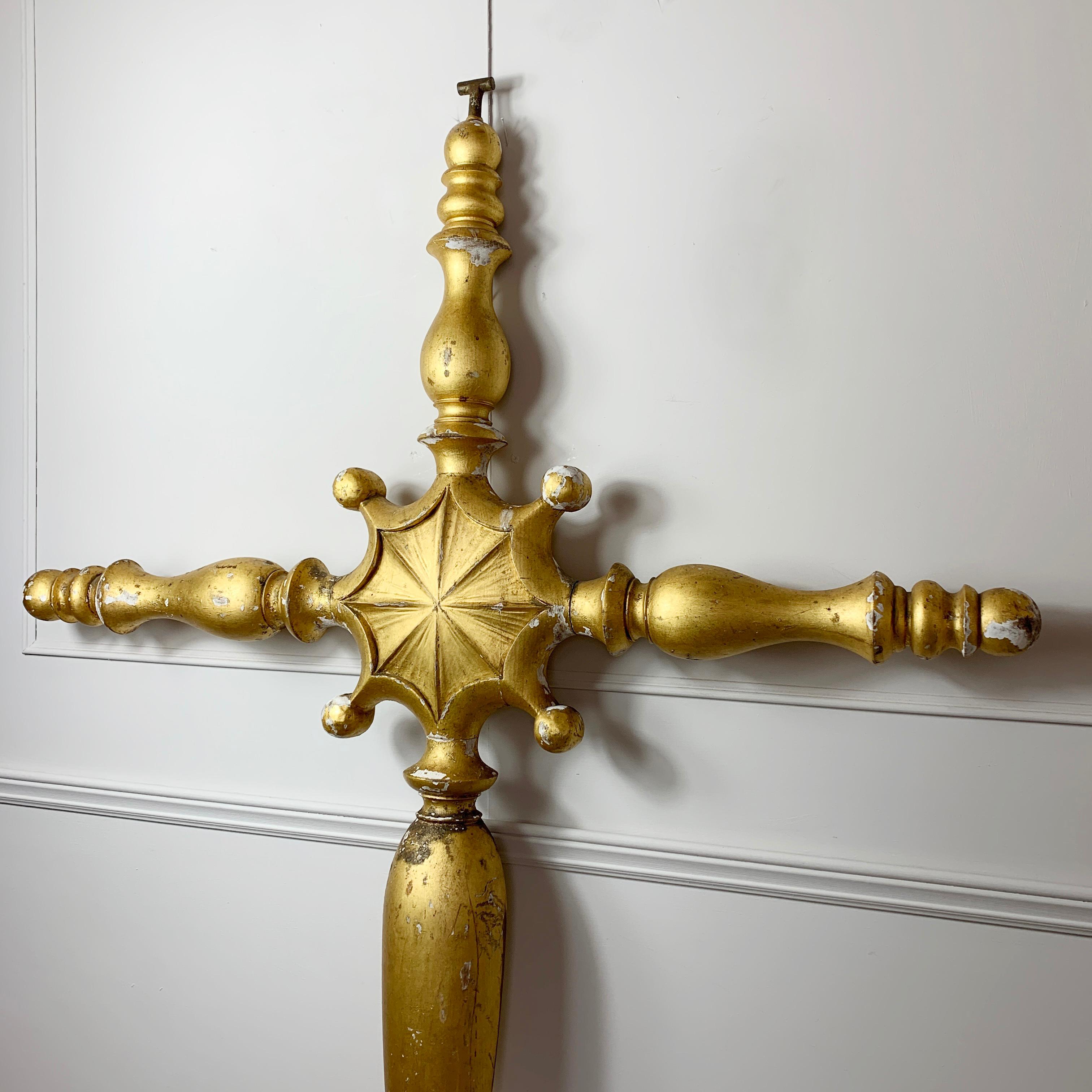 19th C Large Religious Gold Gilt Wood Processional Cross 4