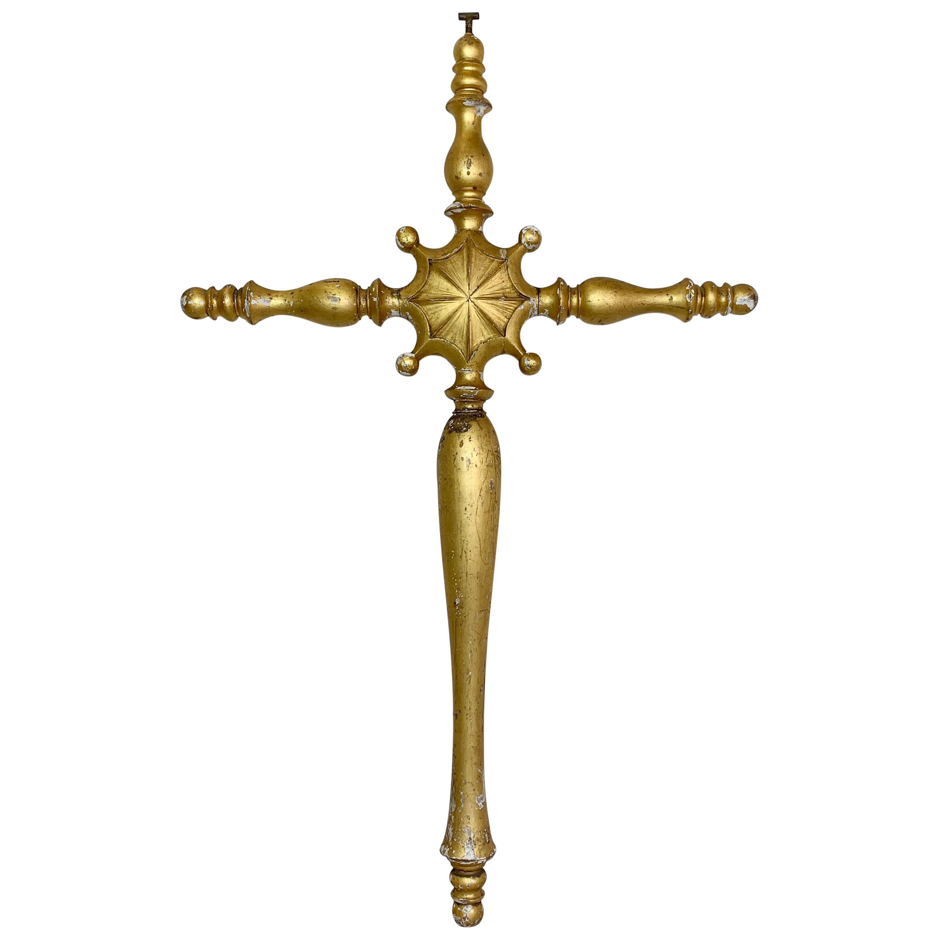 19th C Large Religious Gold Gilt Wood Processional Cross