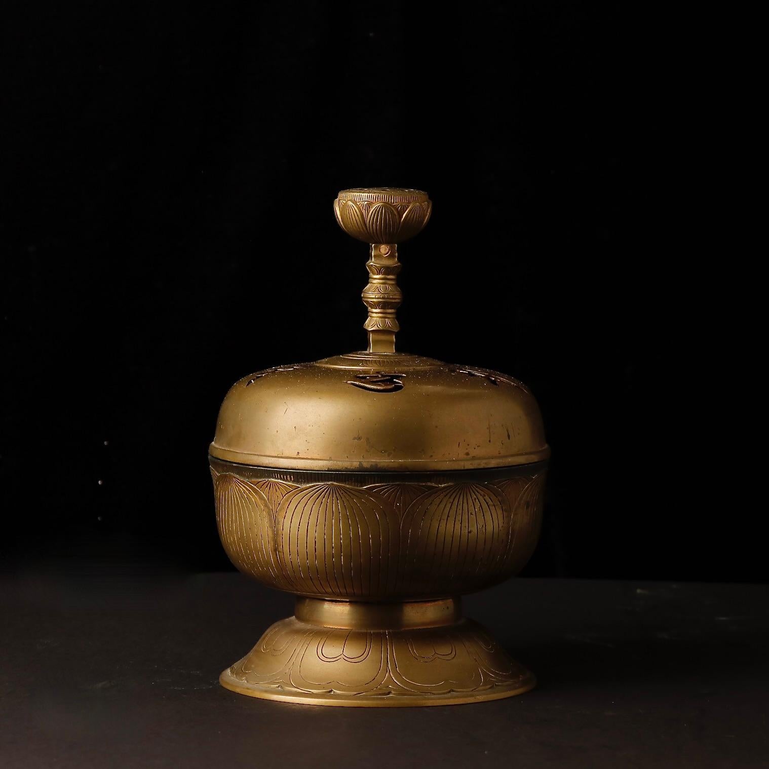 Edo 19th. c Large Lotus-Shaped Buddhist Temple Incense Burner with Sanskrit Cutouts For Sale