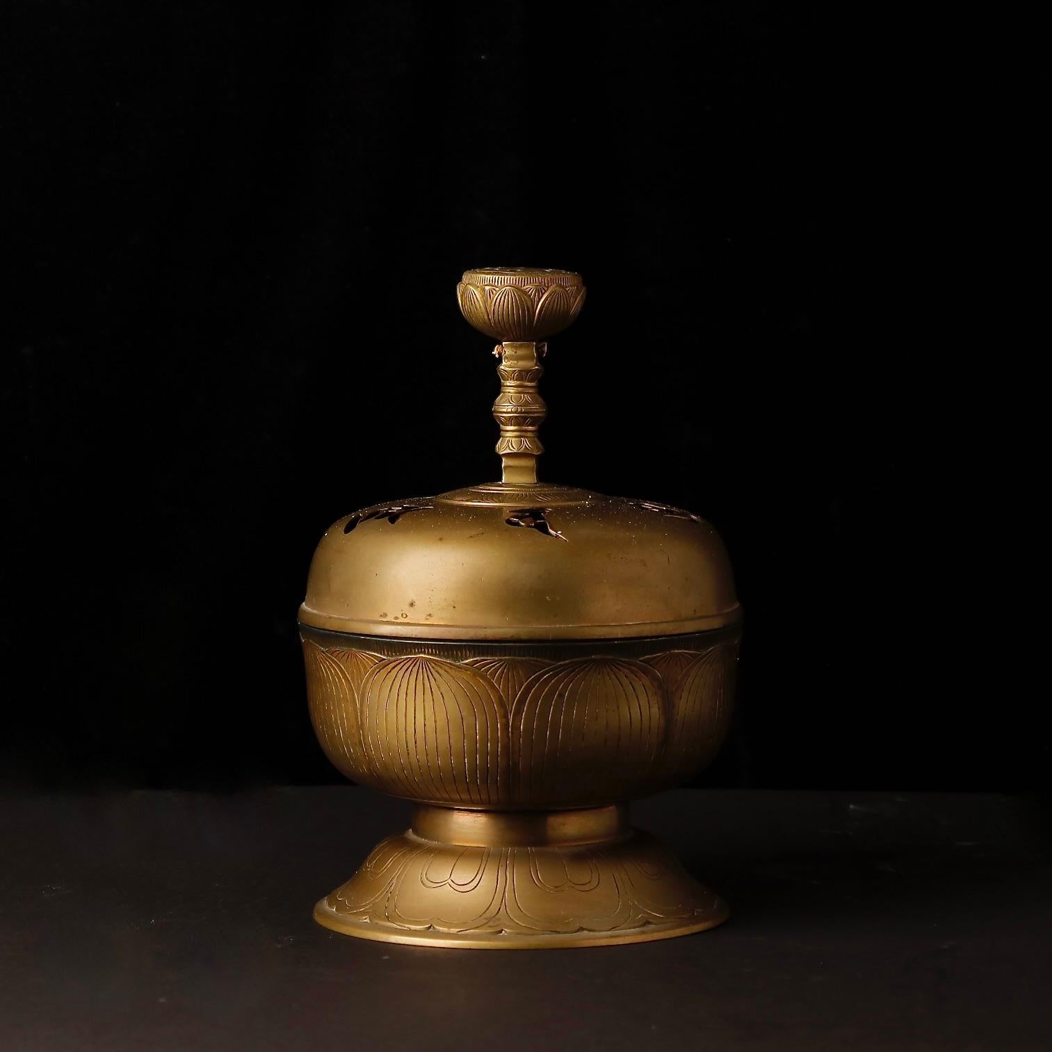 Japanese 19th. c Large Lotus-Shaped Buddhist Temple Incense Burner with Sanskrit Cutouts For Sale