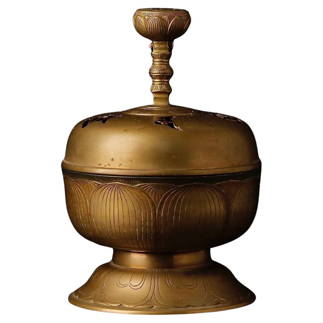 19th. c Large Lotus-Shaped Buddhist Temple Incense Burner with Sanskrit Cutouts