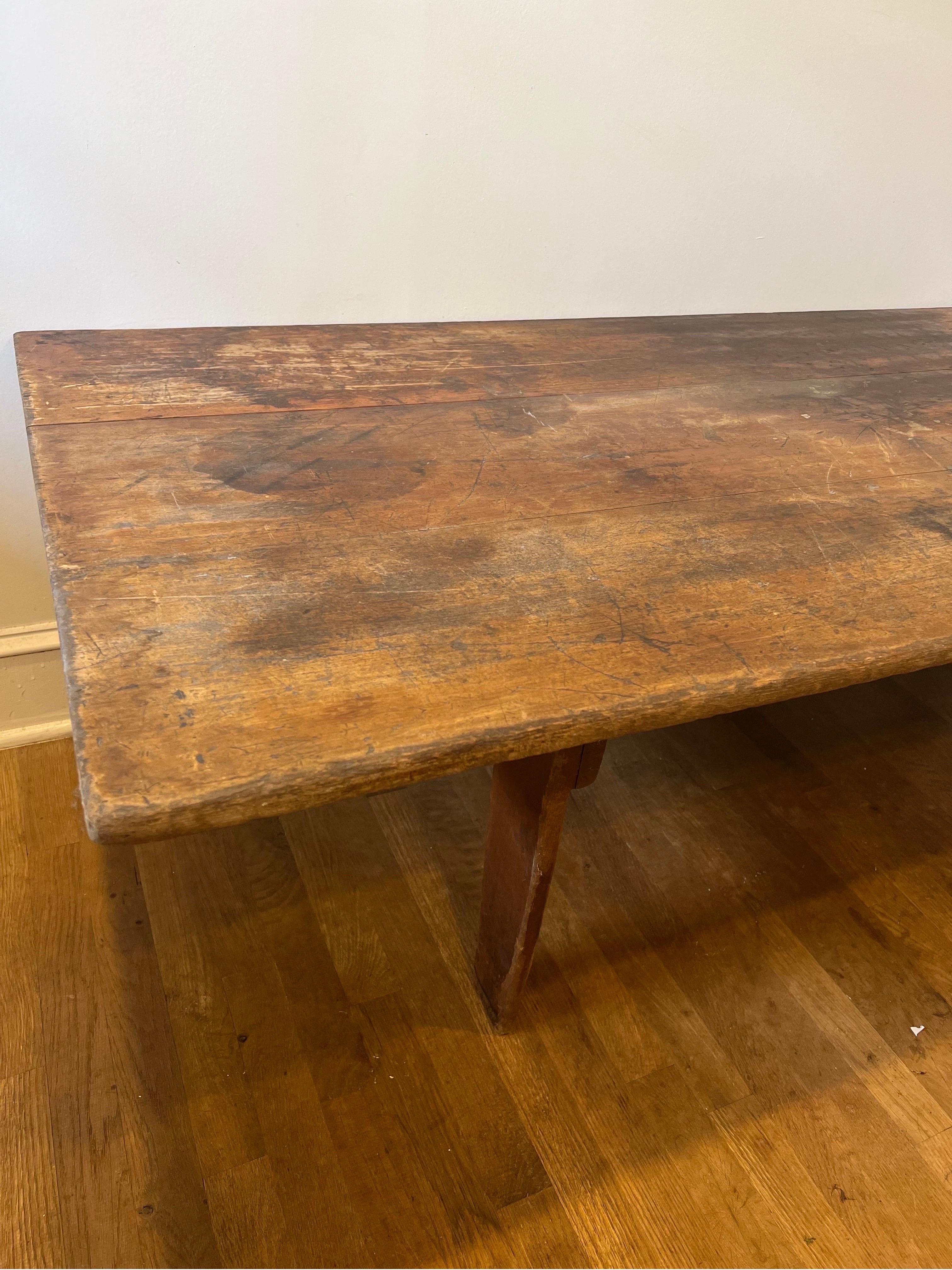 Primitive 19th C. Large Rustic American Pine Low Trestle Coffee/Cocktail Table For Sale