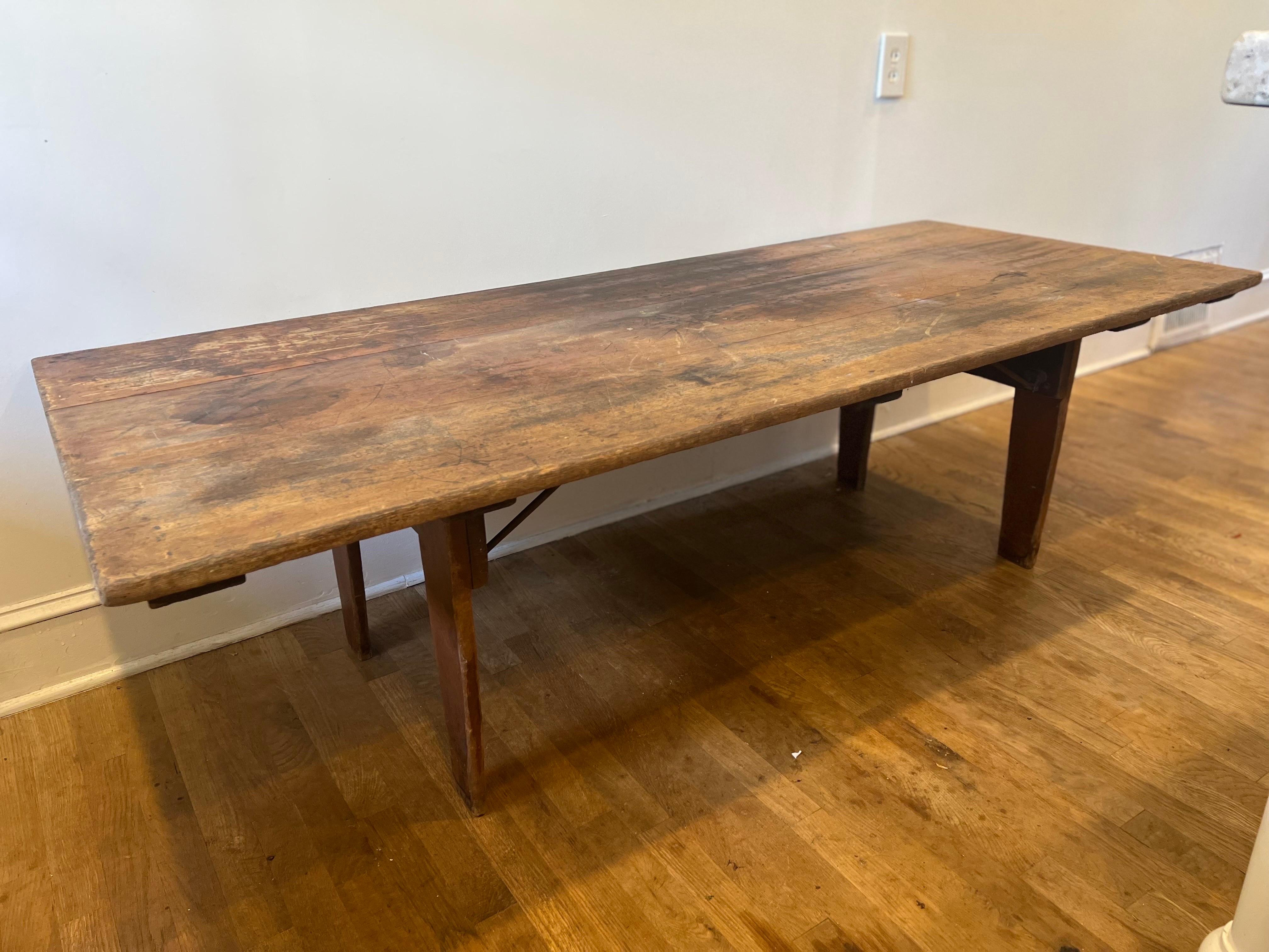 Hand-Crafted 19th C. Large Rustic American Pine Low Trestle Coffee/Cocktail Table For Sale