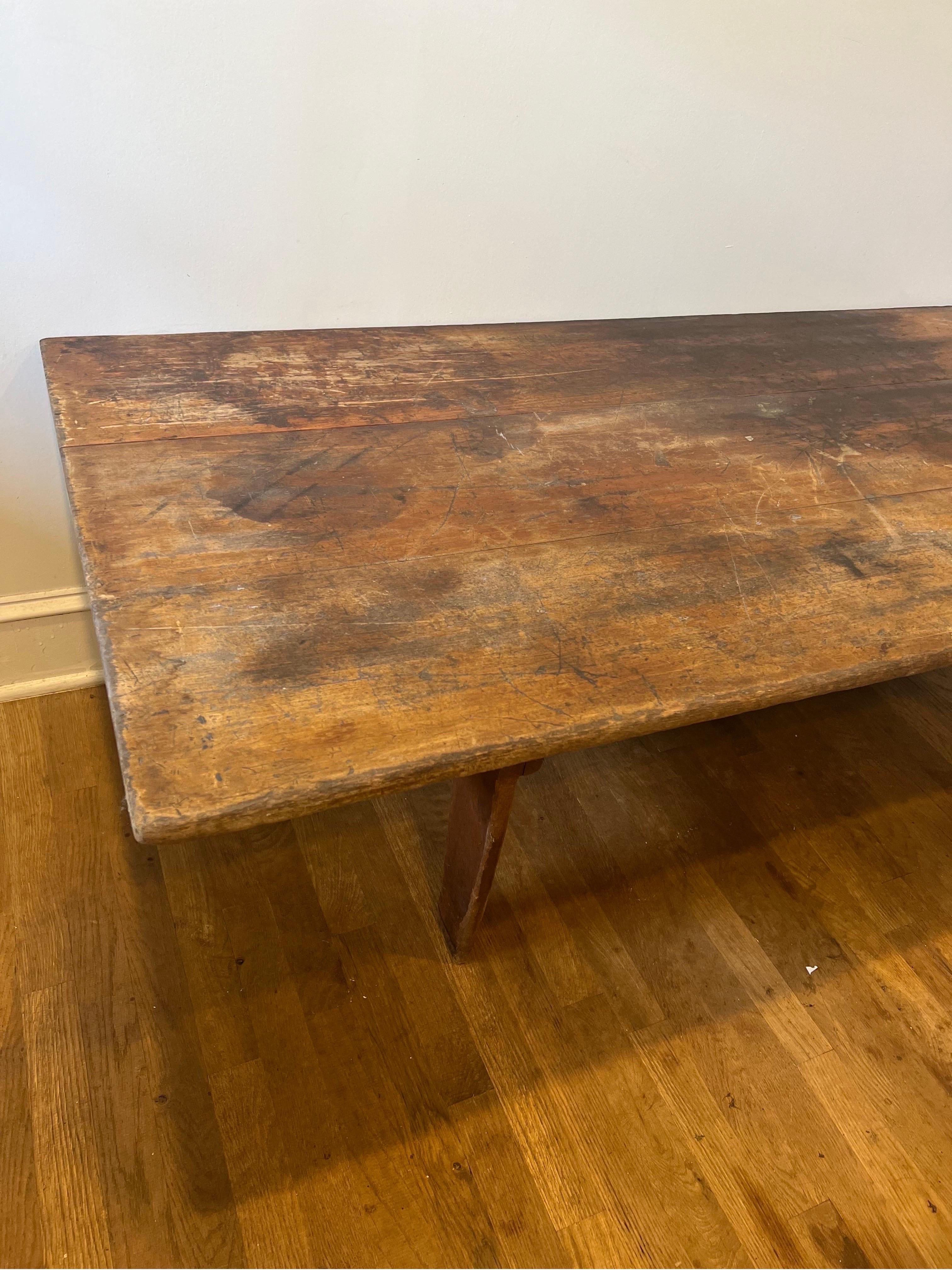 Late 19th Century 19th C. Large Rustic American Pine Low Trestle Coffee/Cocktail Table For Sale