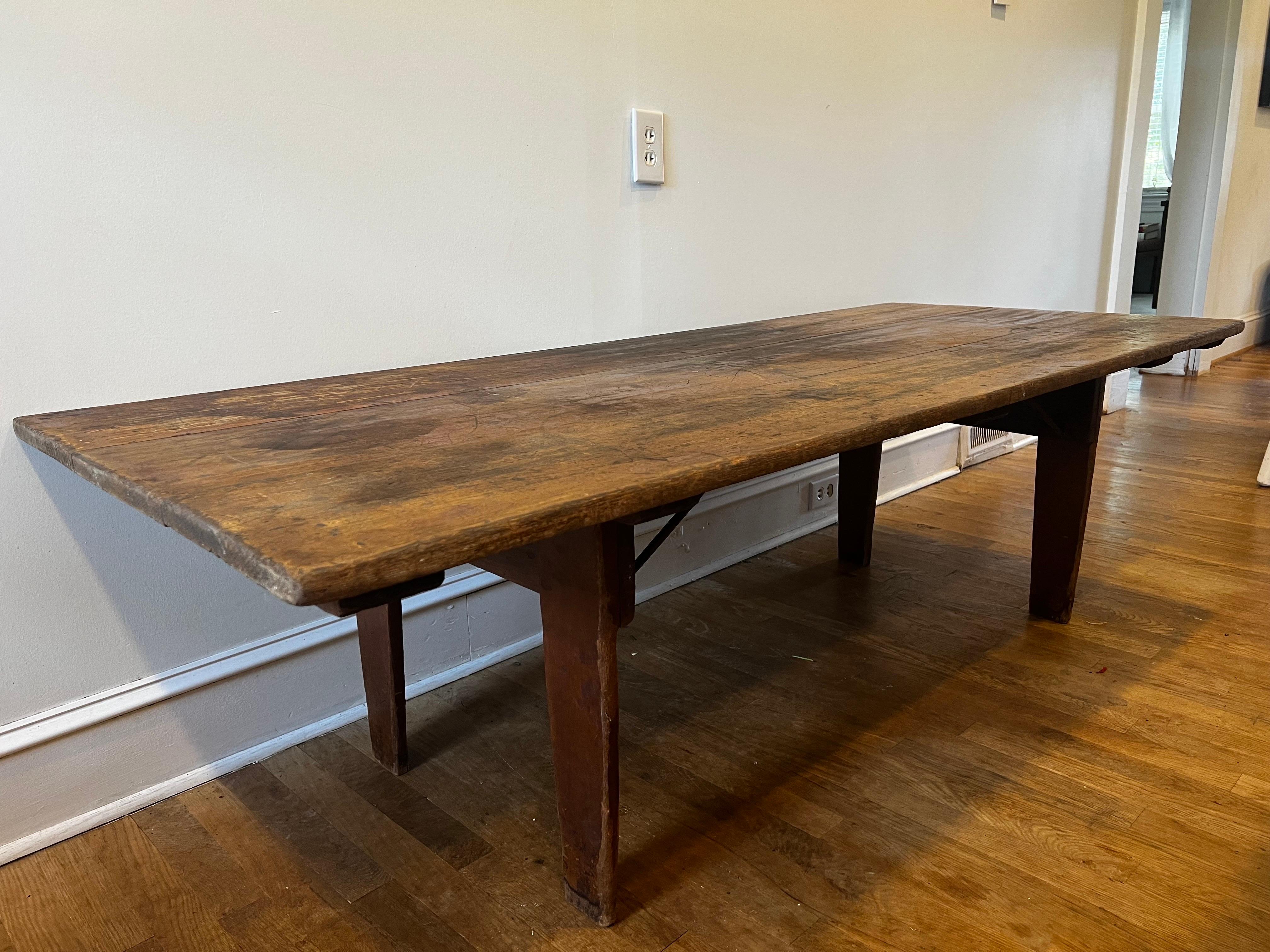 19th C. Large Rustic American Pine Low Trestle Coffee/Cocktail Table For Sale 2