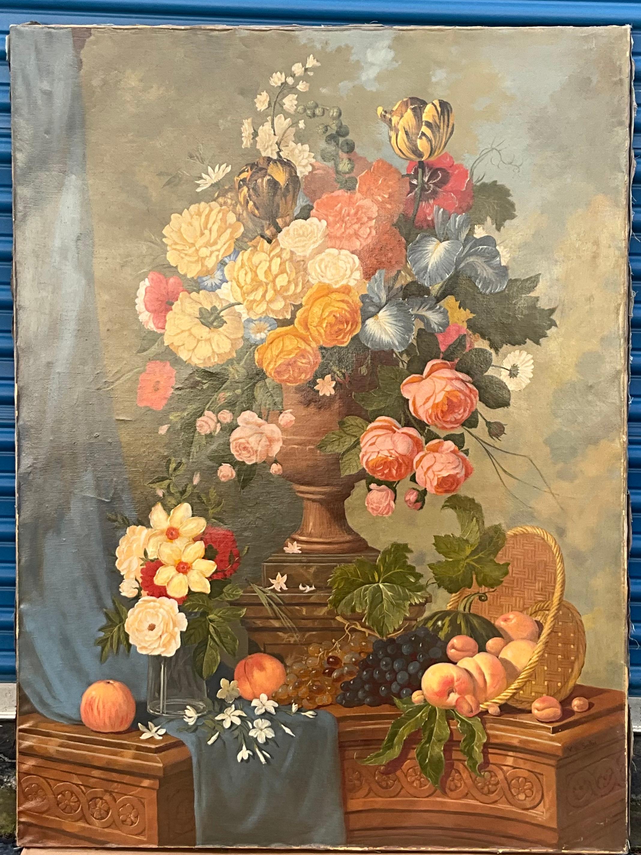 Nature morte française à grande échelle du 19ème siècle, peinture à l'huile représentant des fleurs - S/2 en vente 2