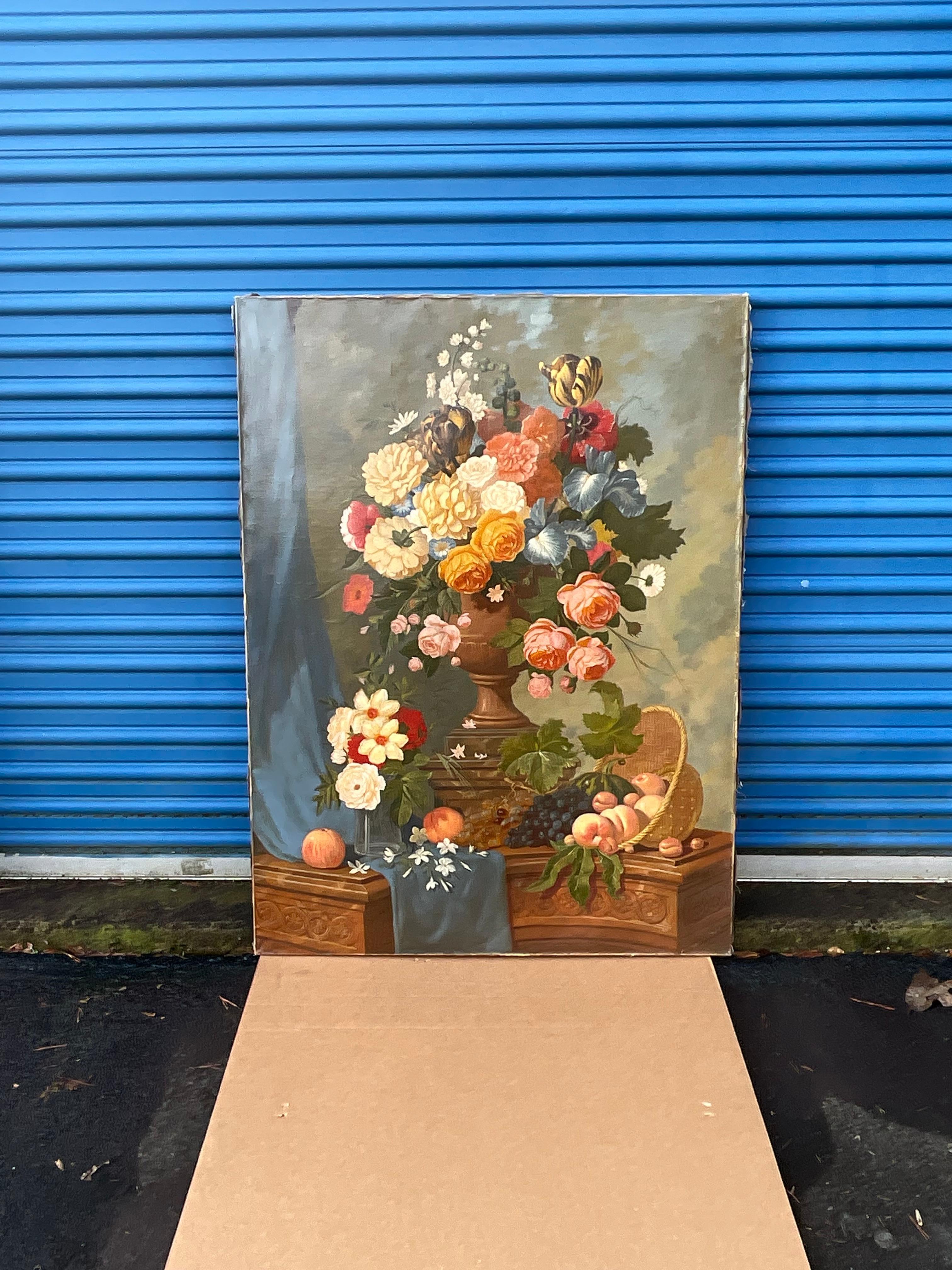 19th Century Large Scale French Still Life Oil Paintings Depicting Florals, S/2 For Sale 6