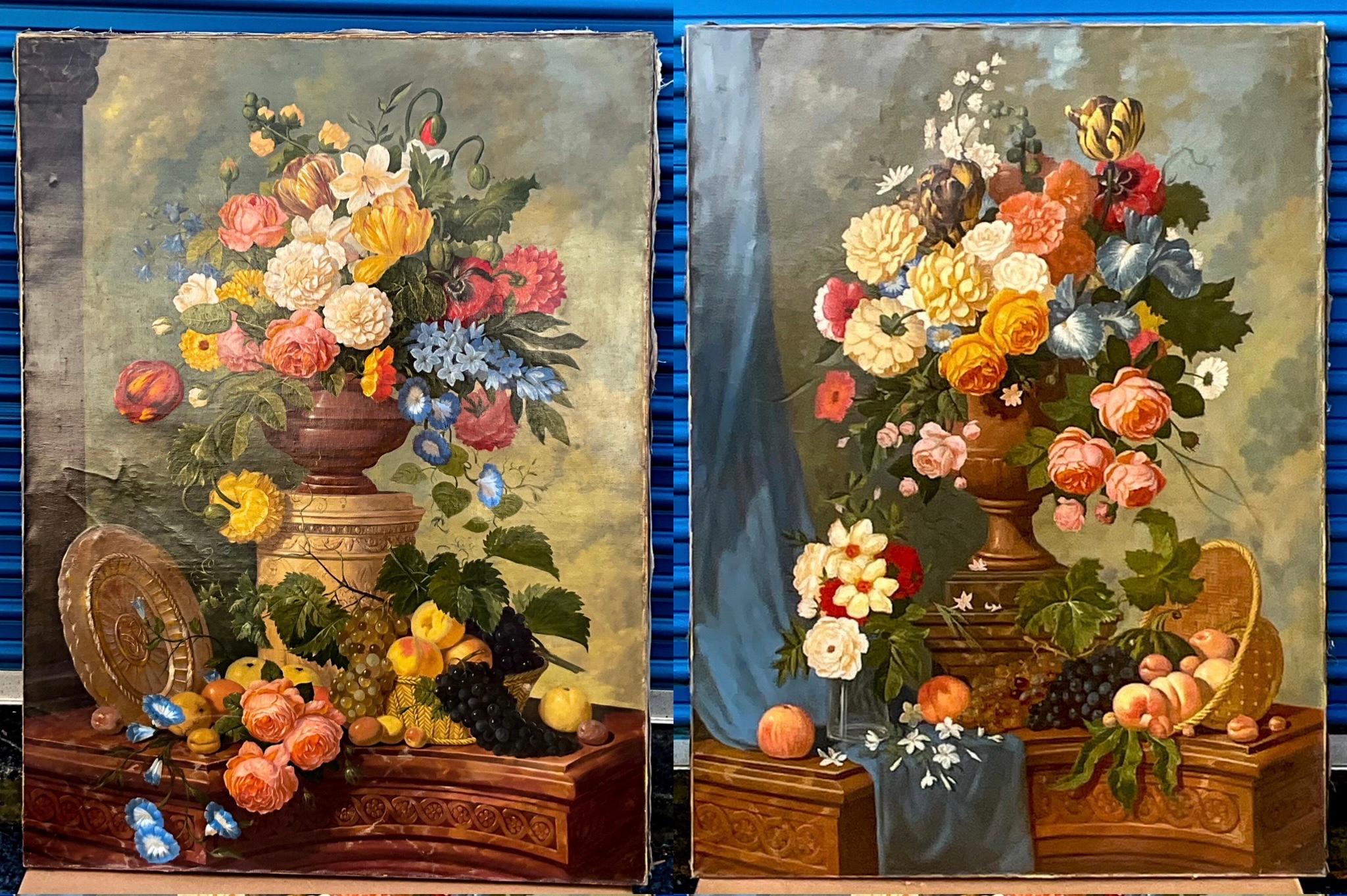 These large scale 19th century French florals are breathtaking. The set complements each other perfectly. Both bouquets have neo-classical elements with the urns and pedestals. The large scale would make a strong visual impact to any setting.

