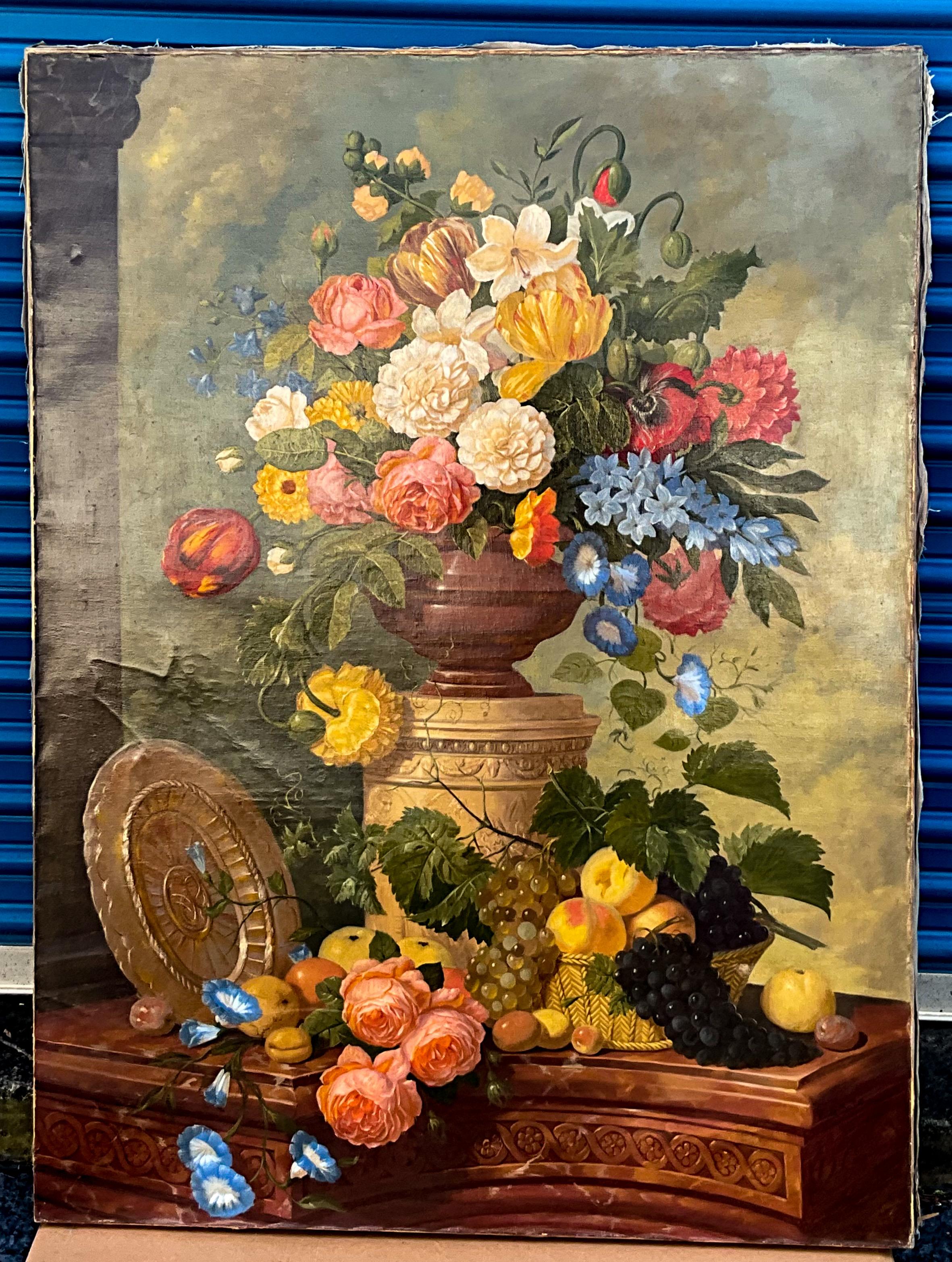 19th Century Large Scale French Still Life Oil Paintings Depicting Florals, S/2 For Sale 1