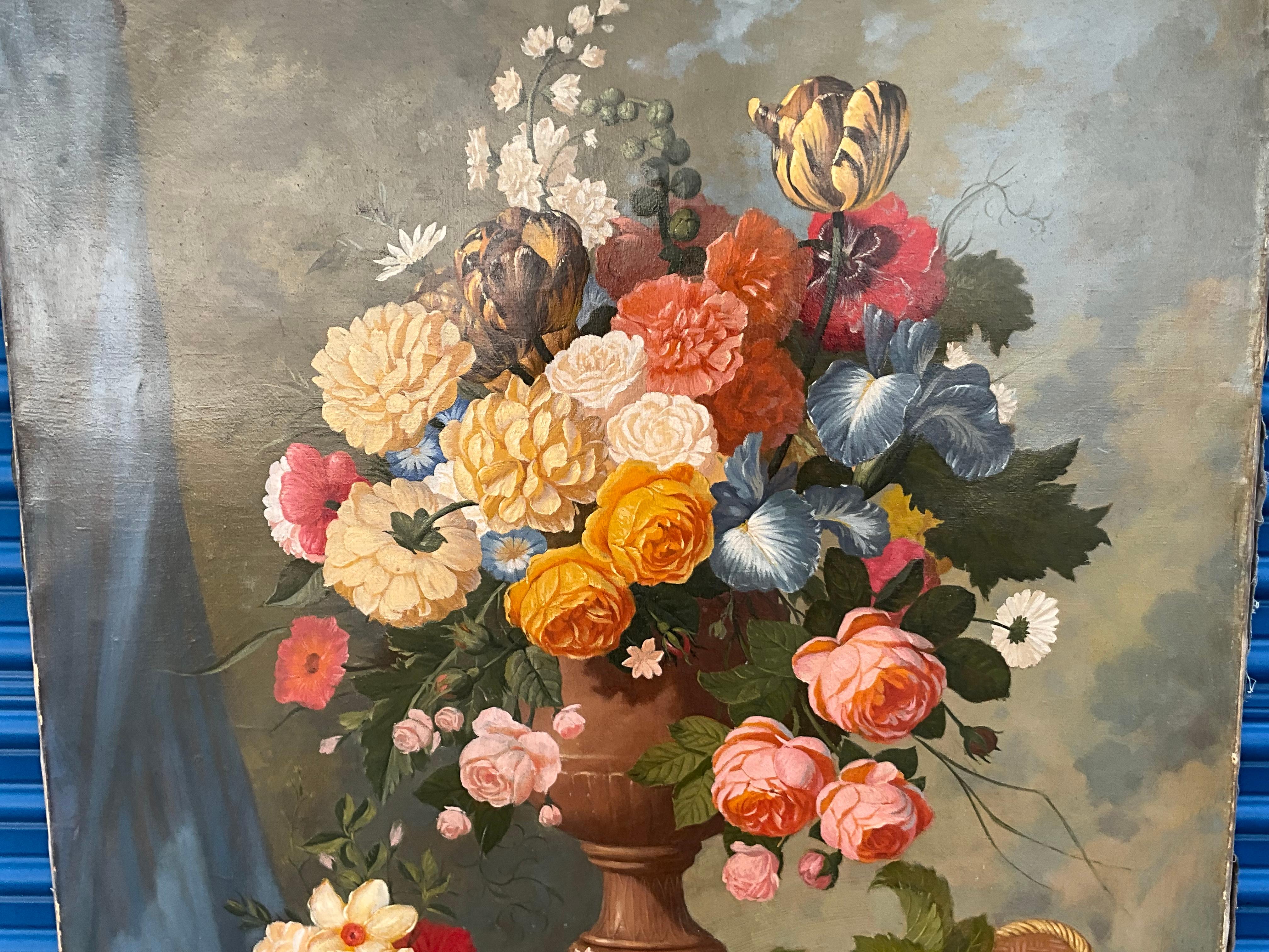 Nature morte française à grande échelle du 19ème siècle, peinture à l'huile représentant des fleurs - S/2 en vente 1