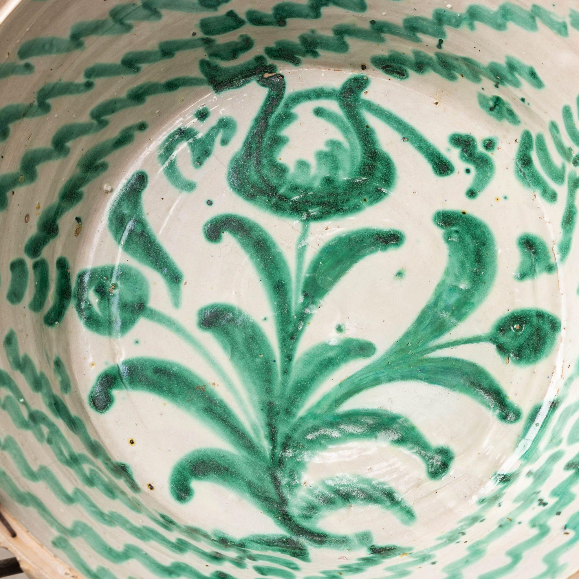 Country 19th c. Large Spanish Green Fajalauza Lebrillo Bowl with Hanging Iron and Stand For Sale