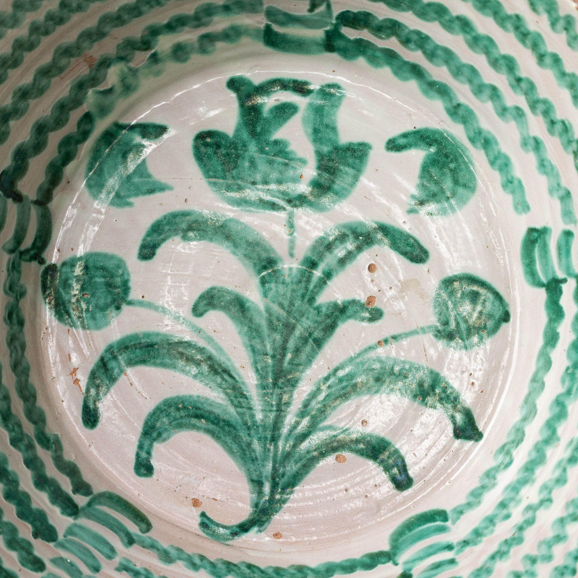 Country 19th c. Large Spanish Green Fajalauza Lebrillo Bowl from Granada For Sale