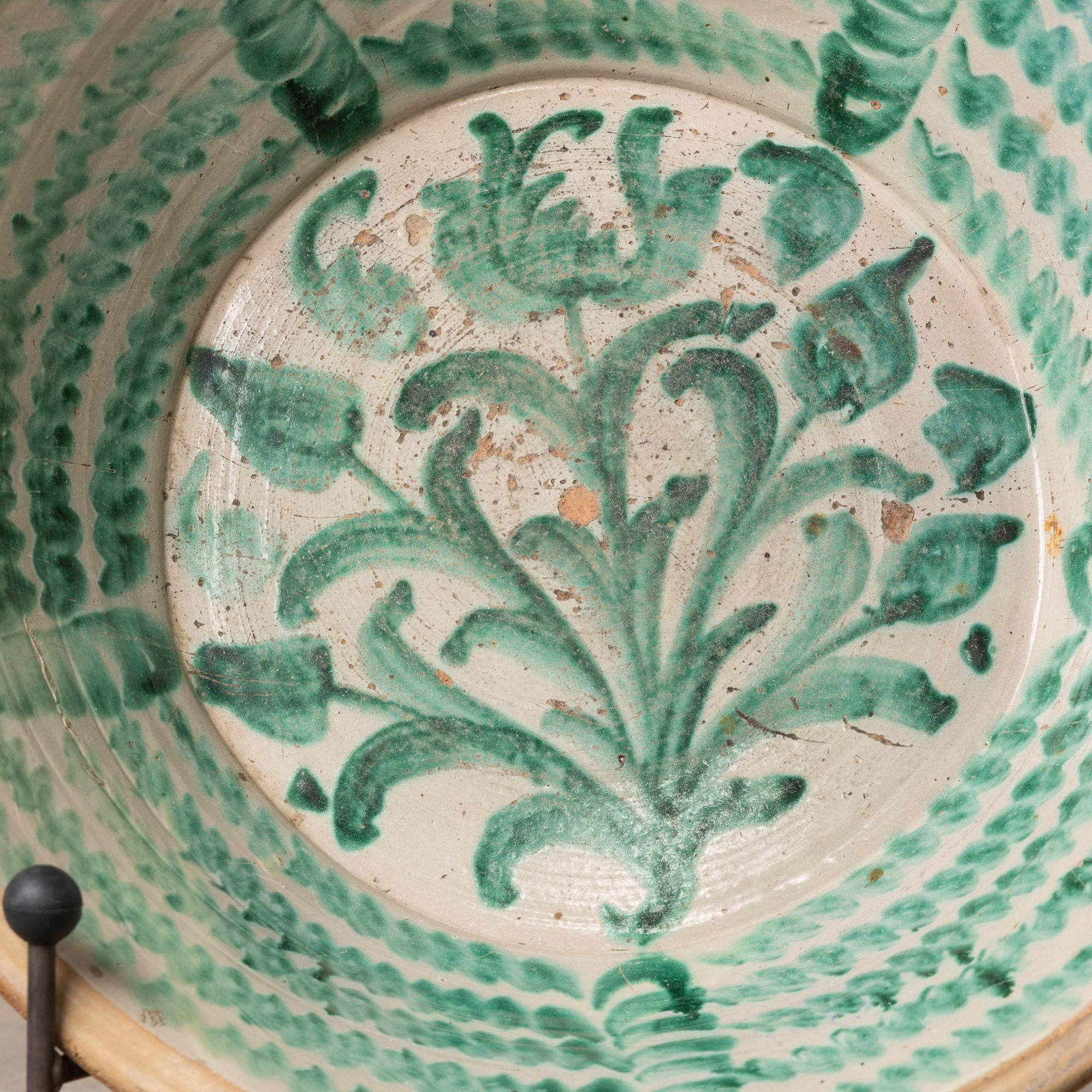 Country 19th c. Large Spanish Green Fajalauza Lebrillo Bowl from Granada For Sale