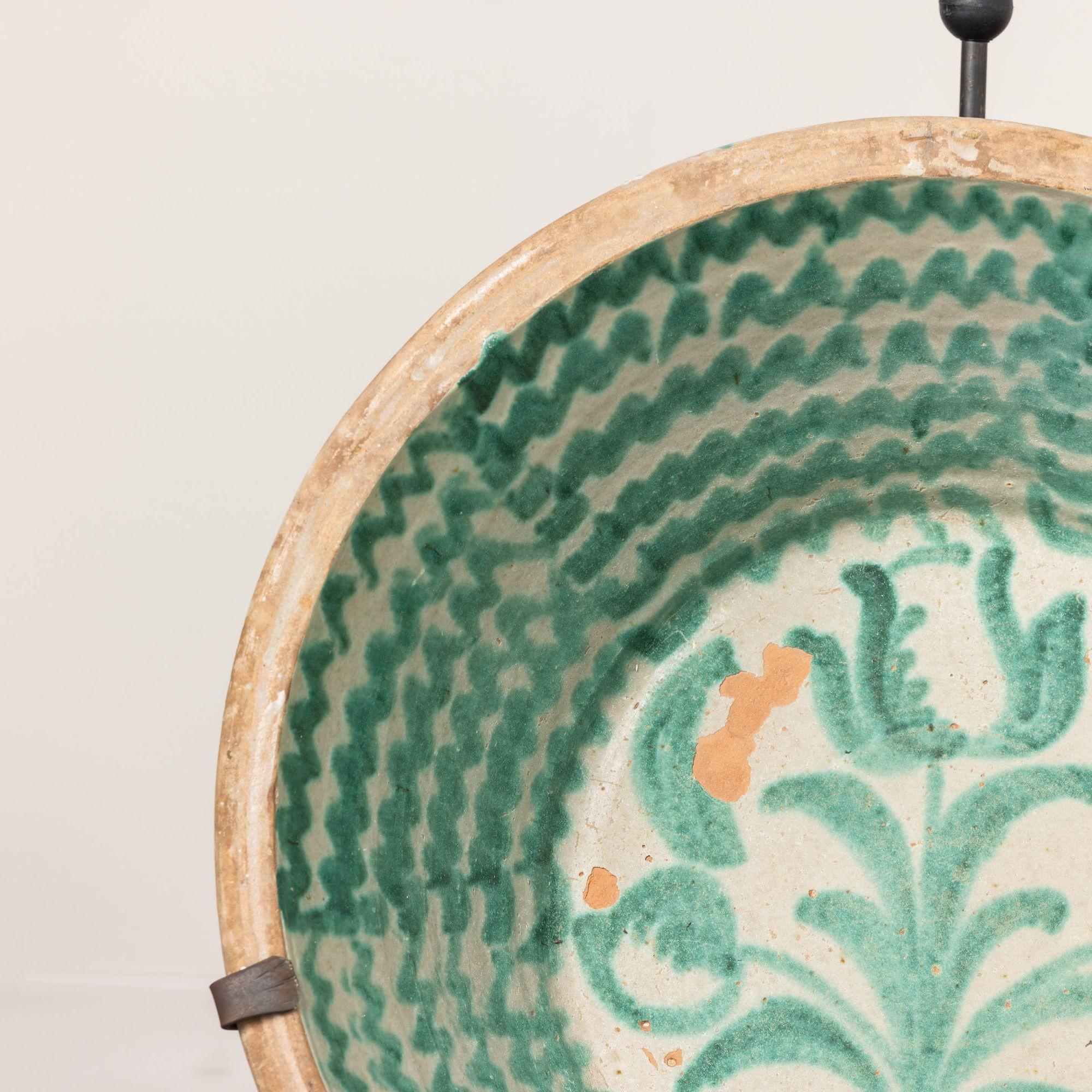 Glazed 19th c. Large Spanish Green Fajalauza Lebrillo Bowl from Granada For Sale