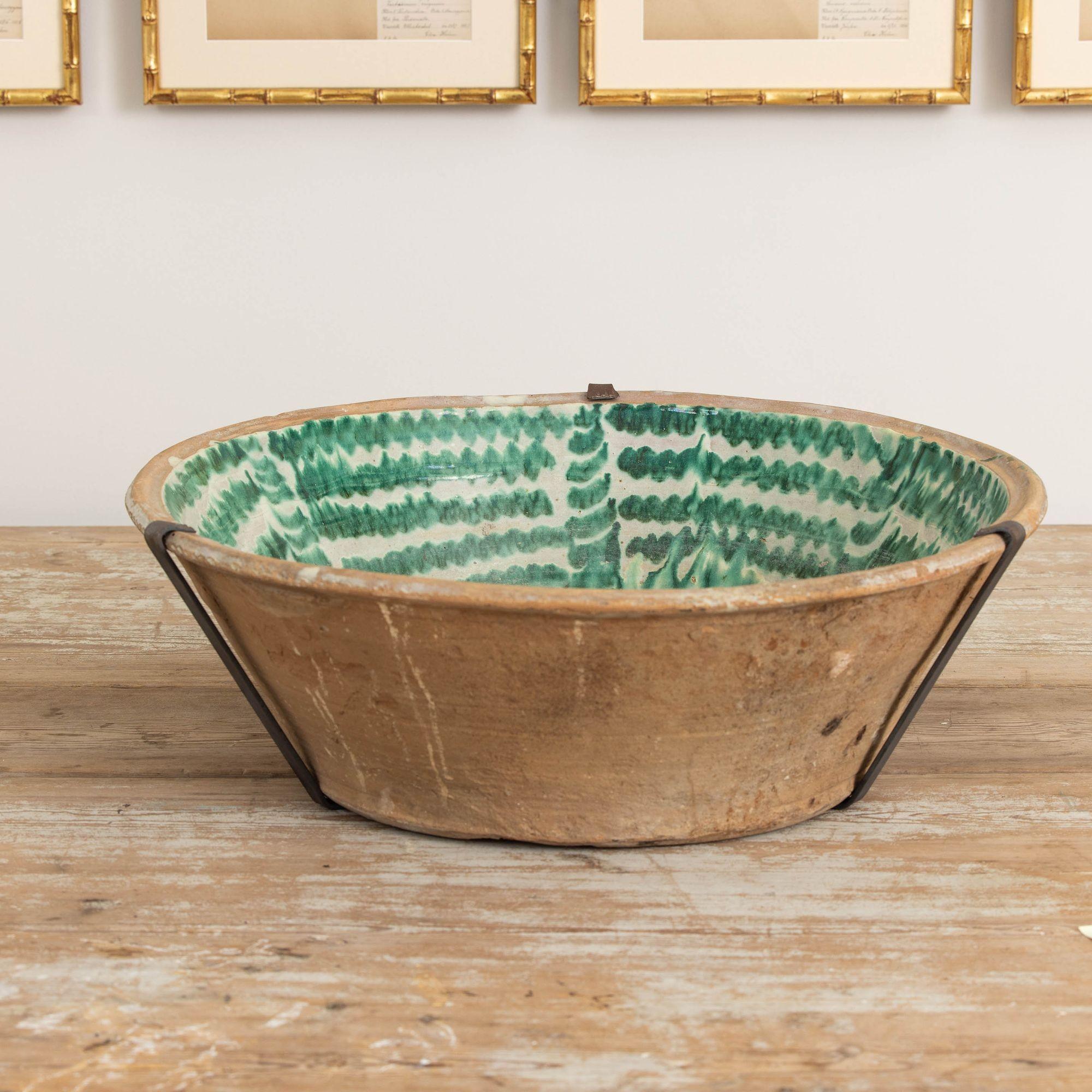 Glazed 19th c. Large Spanish Green Fajalauza Lebrillo Bowl from Granada For Sale