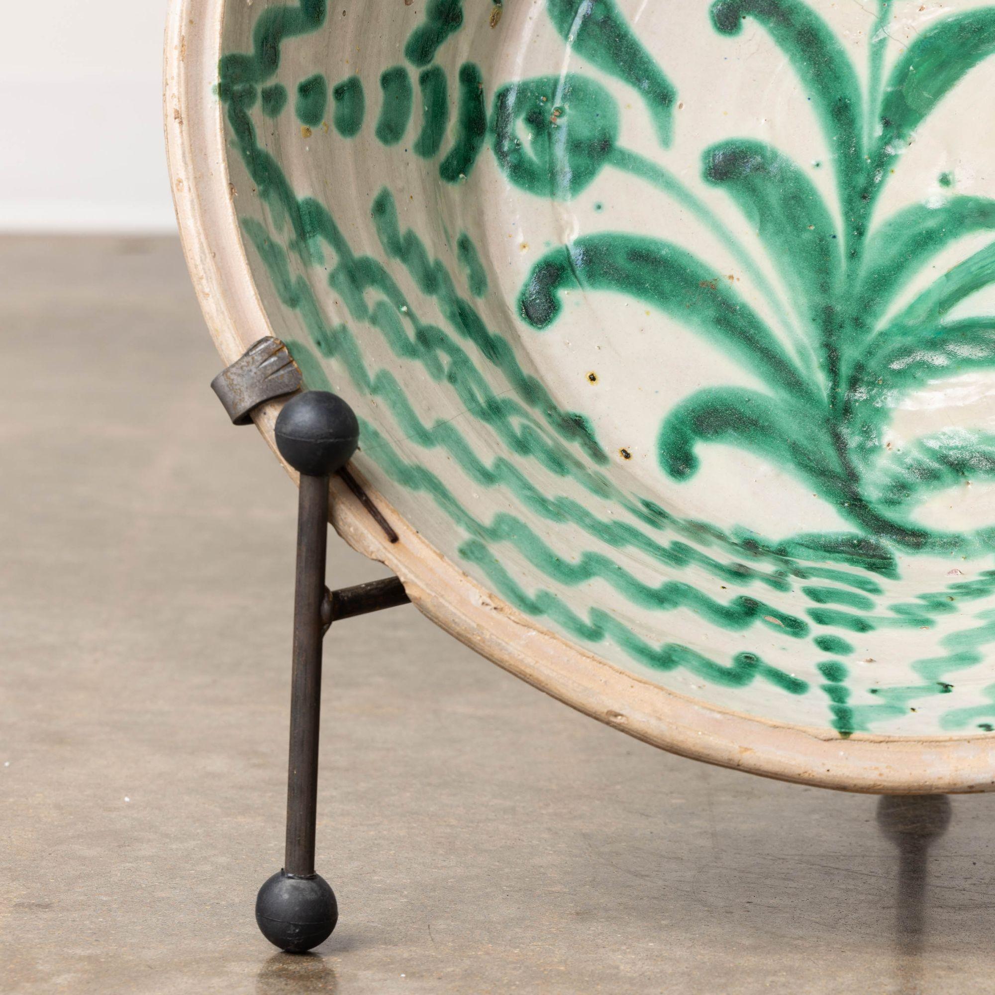 19th Century 19th c. Large Spanish Green Fajalauza Lebrillo Bowl with Hanging Iron and Stand For Sale