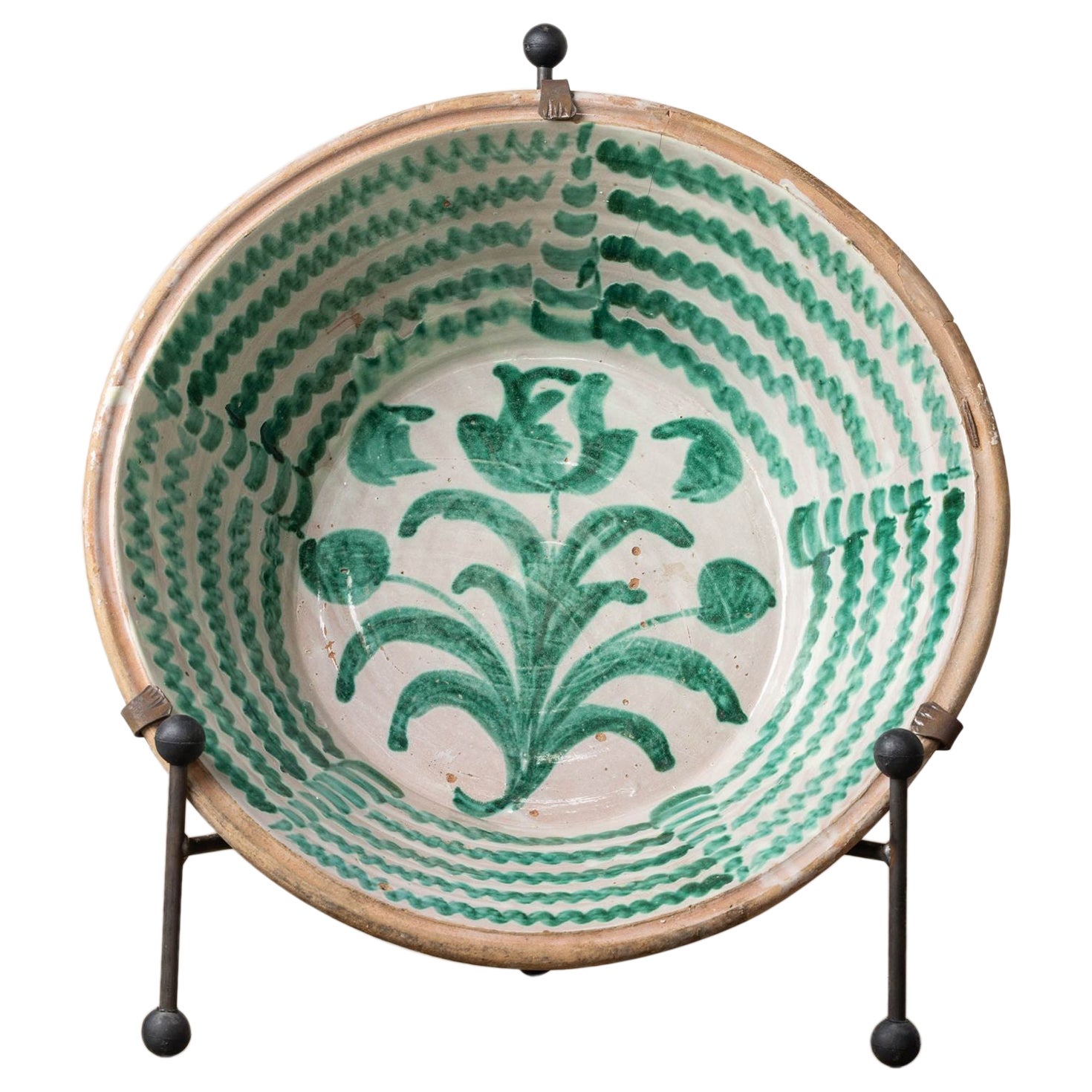 19th c. Large Spanish Green Fajalauza Lebrillo Bowl from Granada