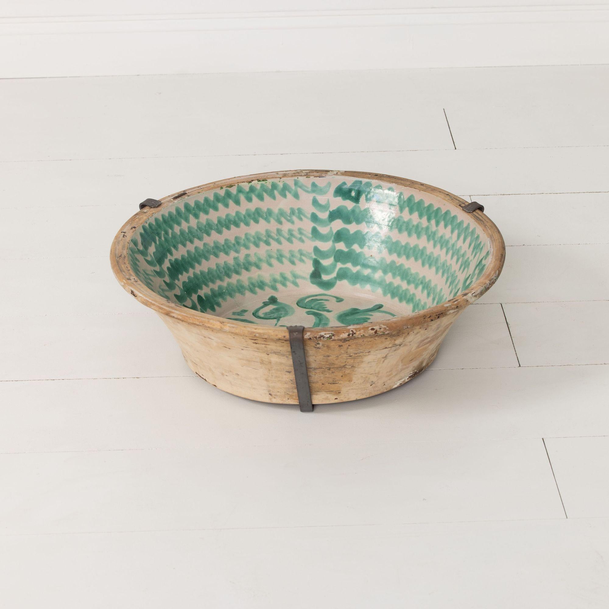 19th c. Large Spanish Green Fajalauza Lebrillo Bowl with Hanging Iron and Stand 3