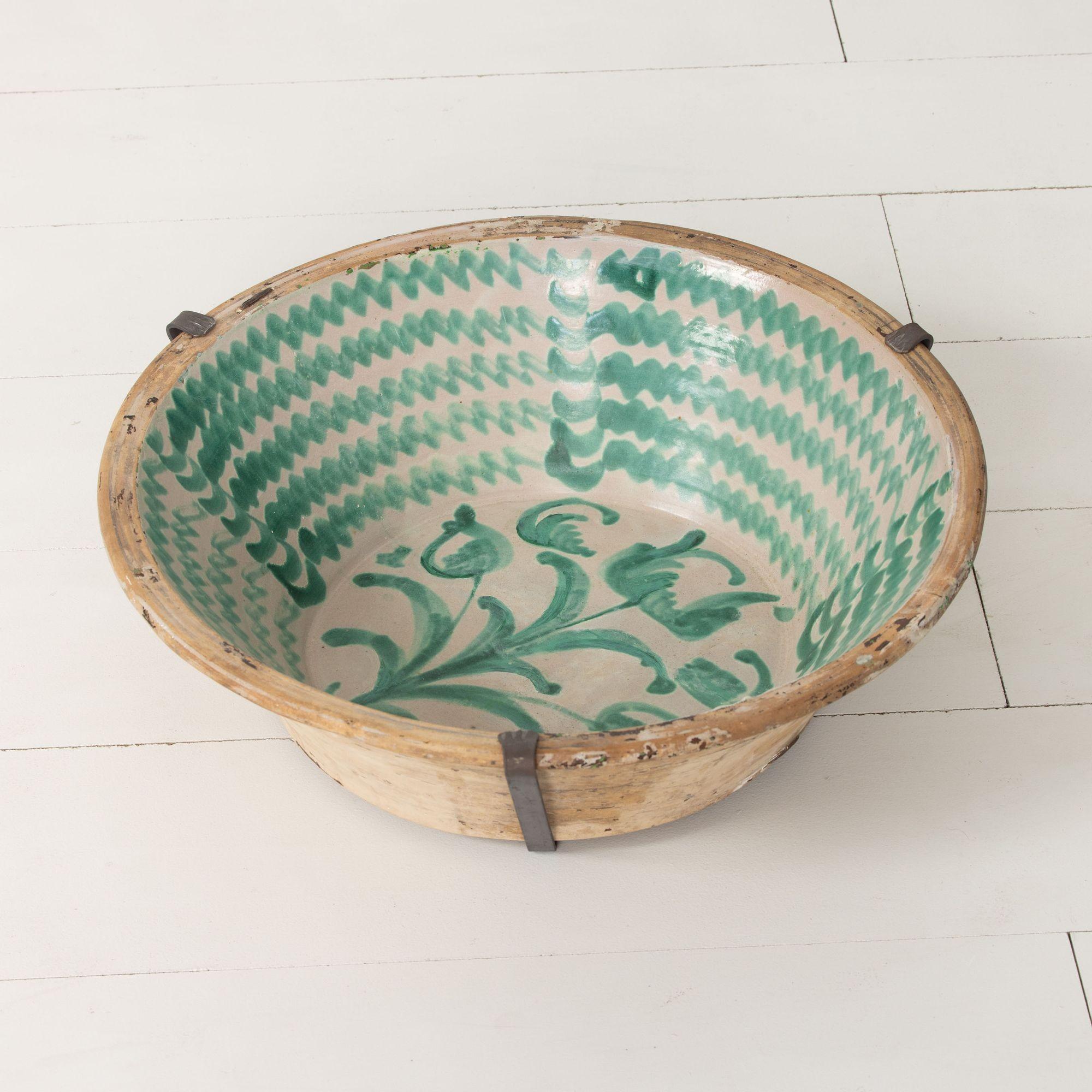 19th c. Large Spanish Green Fajalauza Lebrillo Bowl with Hanging Iron and Stand 4