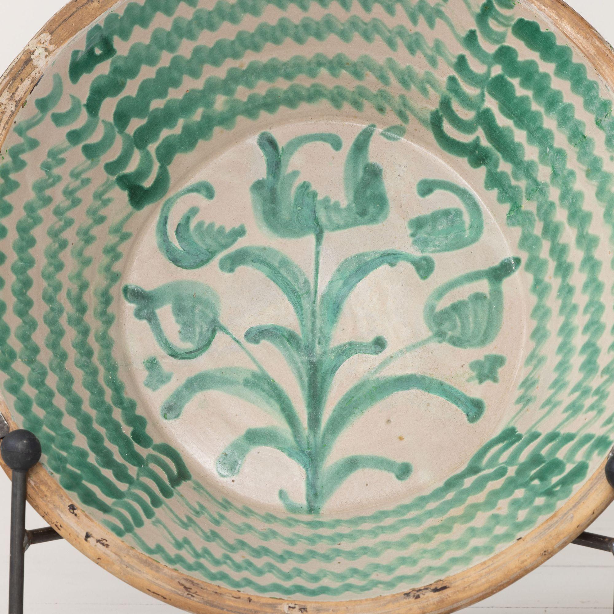 Folk Art 19th c. Large Spanish Green Fajalauza Lebrillo Bowl with Hanging Iron and Stand