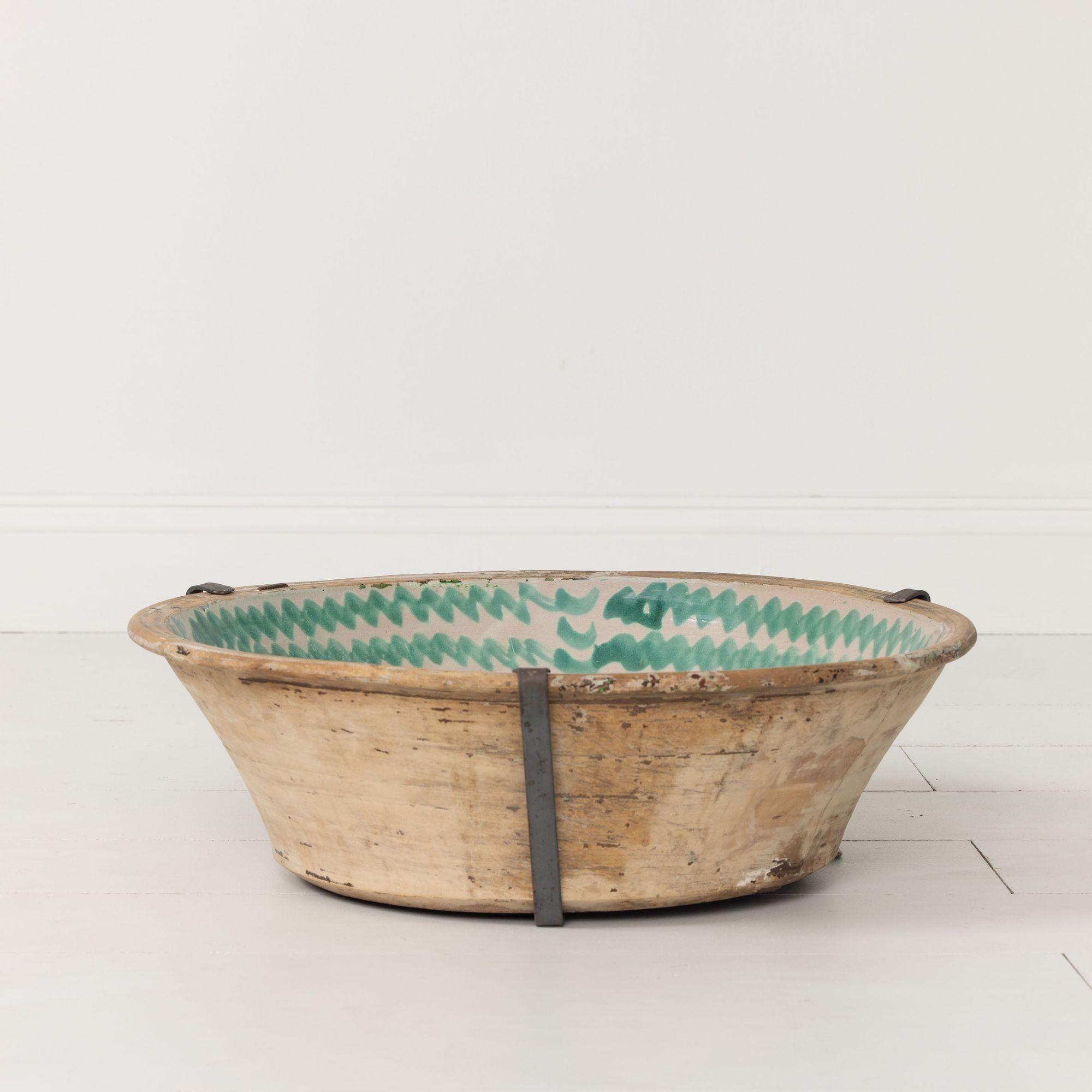 19th c. Large Spanish Green Fajalauza Lebrillo Bowl with Hanging Iron and Stand 2