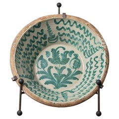 19th c. Large Spanish Green Fajalauza Lebrillo Bowl with Hanging Iron and Stand