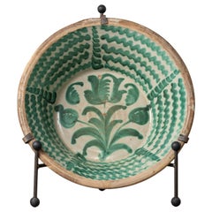19th c. Large Spanish Green Fajalauza Lebrillo Bowl with Hanging Iron and Stand
