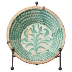 19th c. Large Spanish Green Fajalauza Lebrillo Bowl with Hanging Iron and Stand