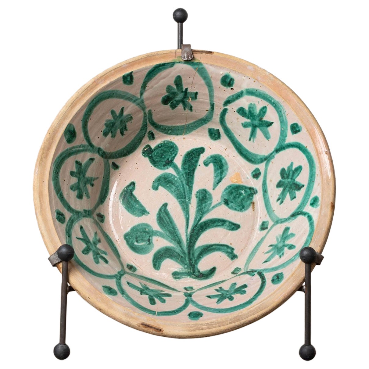 19th c. Large Spanish Green Fajalauza Lebrillo Bowl with Hanging Iron and Stand