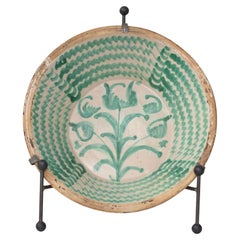 19th c. Large Spanish Green Fajalauza Lebrillo Bowl with Hanging Iron and Stand