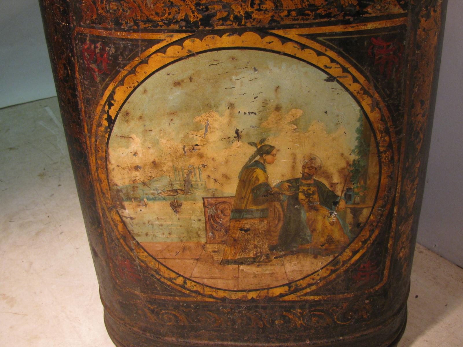 Folk Art 19th Century Large Store Tea Tin Hand Painted Parnall & Sons Bristol, England For Sale