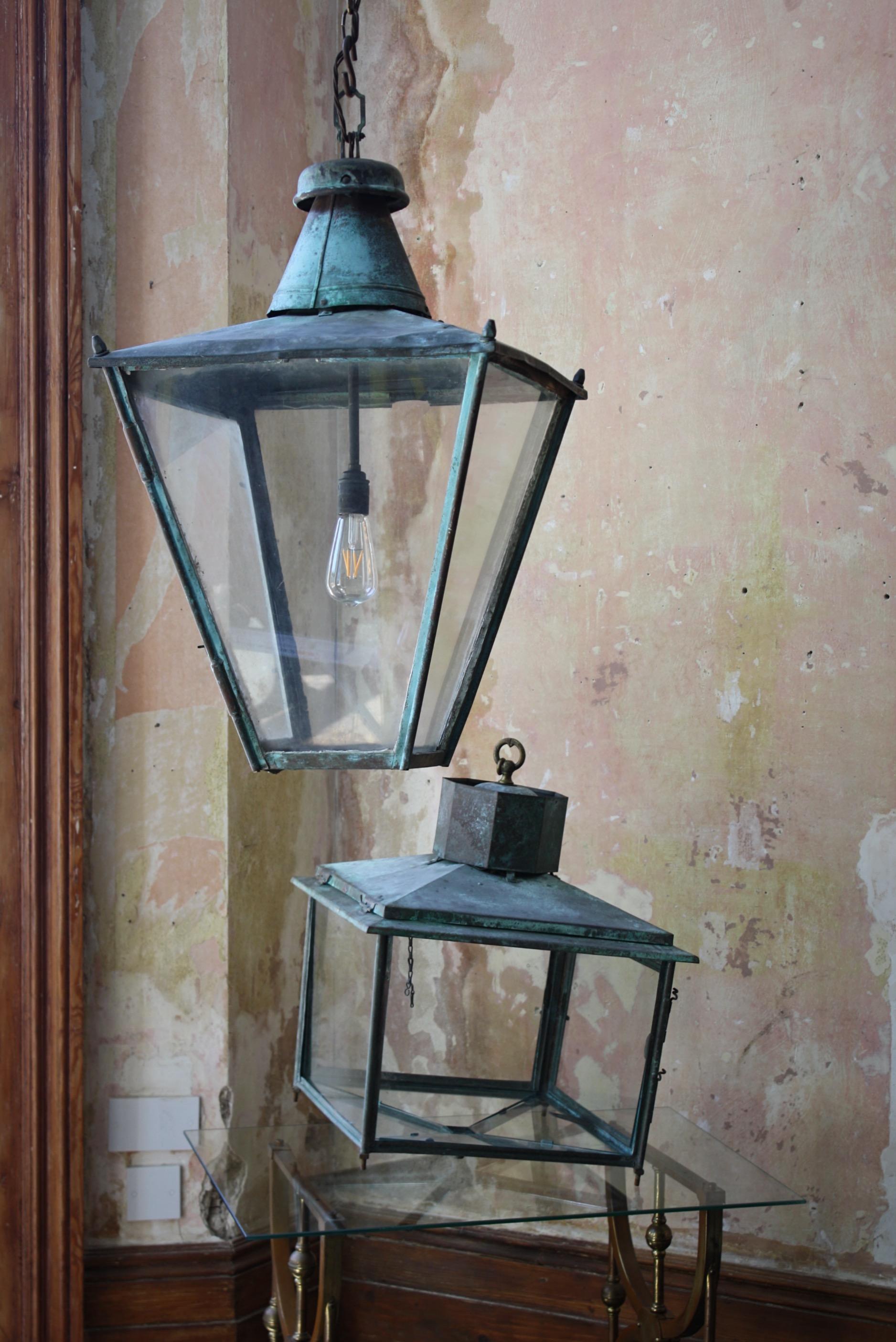 19th C Large Victorian English Sheet Copper & Glazed Lantern Verdigris Light 6