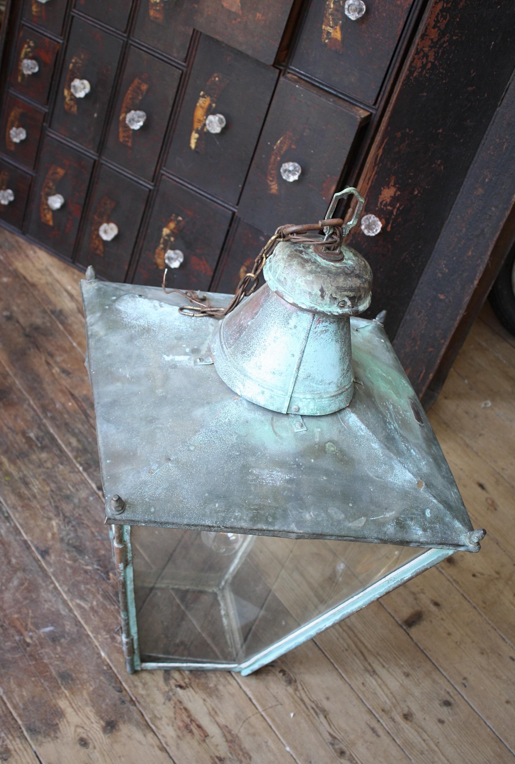 19th C Large Victorian English Sheet Copper & Glazed Lantern Verdigris Light 11