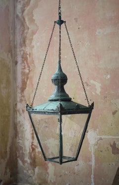 19th C Large Victorian English Sheet Copper & Glazed Lantern Verdigris Light