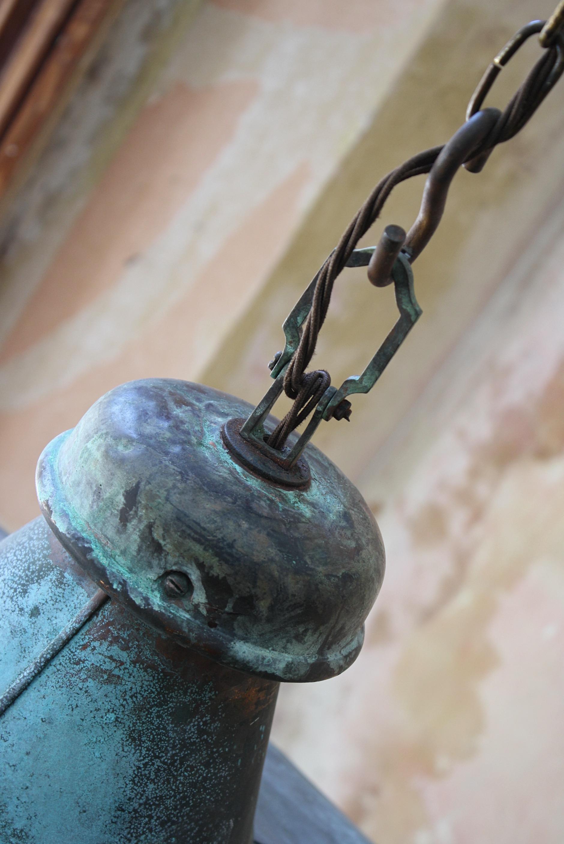 19th Century 19th C Large Victorian English Sheet Copper & Glazed Lantern Verdigris Light