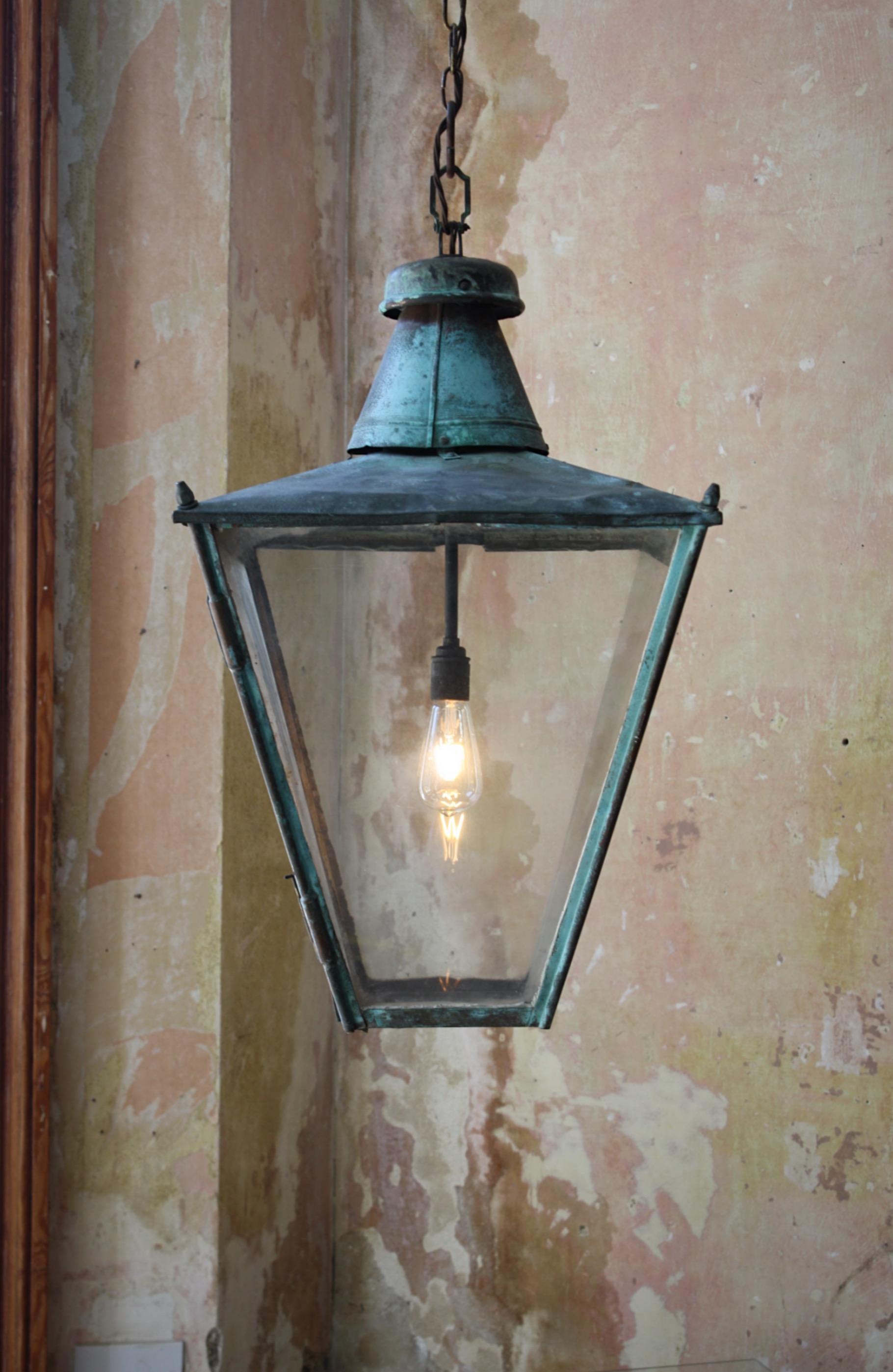 19th C Large Victorian English Sheet Copper & Glazed Lantern Verdigris Light 3