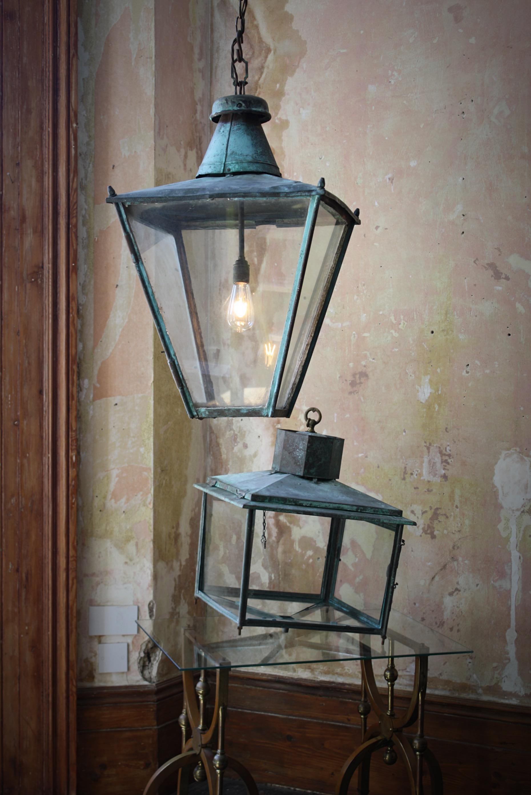 19th C Large Victorian English Sheet Copper & Glazed Lantern Verdigris Light 5