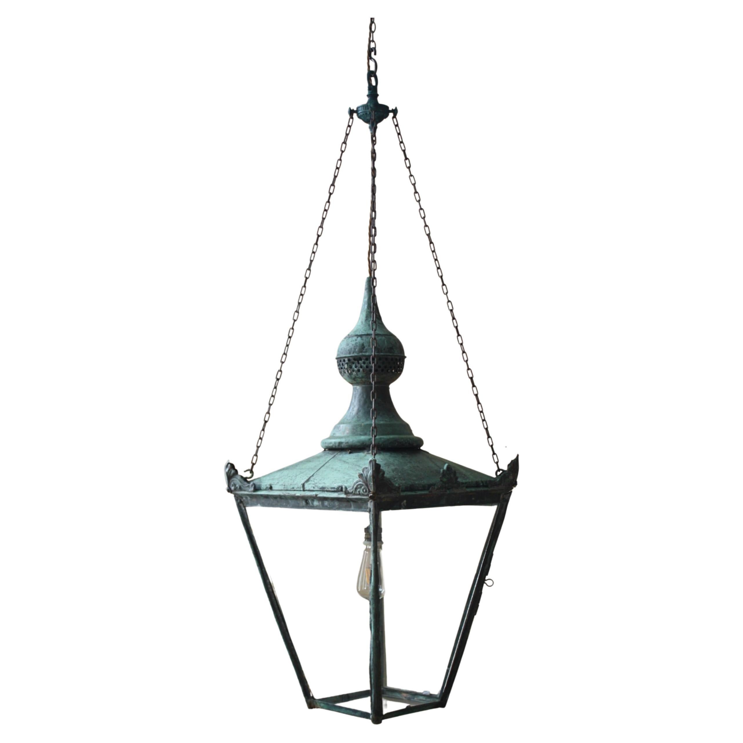 Large English Verdigris Copper Hanging Lantern, circa 1860 For Sale at