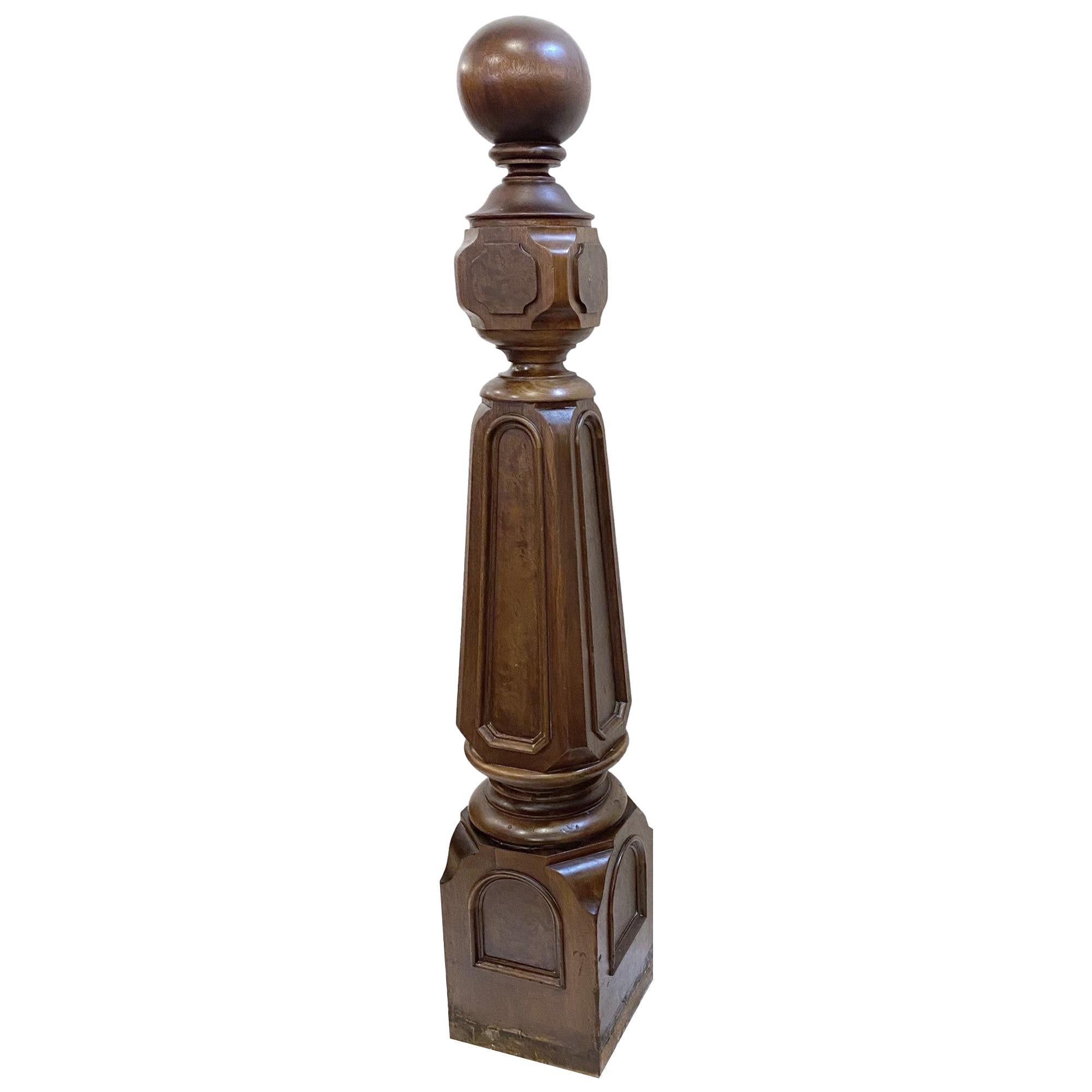 19th C. Large Walnut Newel Post from a Brooklyn Brownstone Stairway