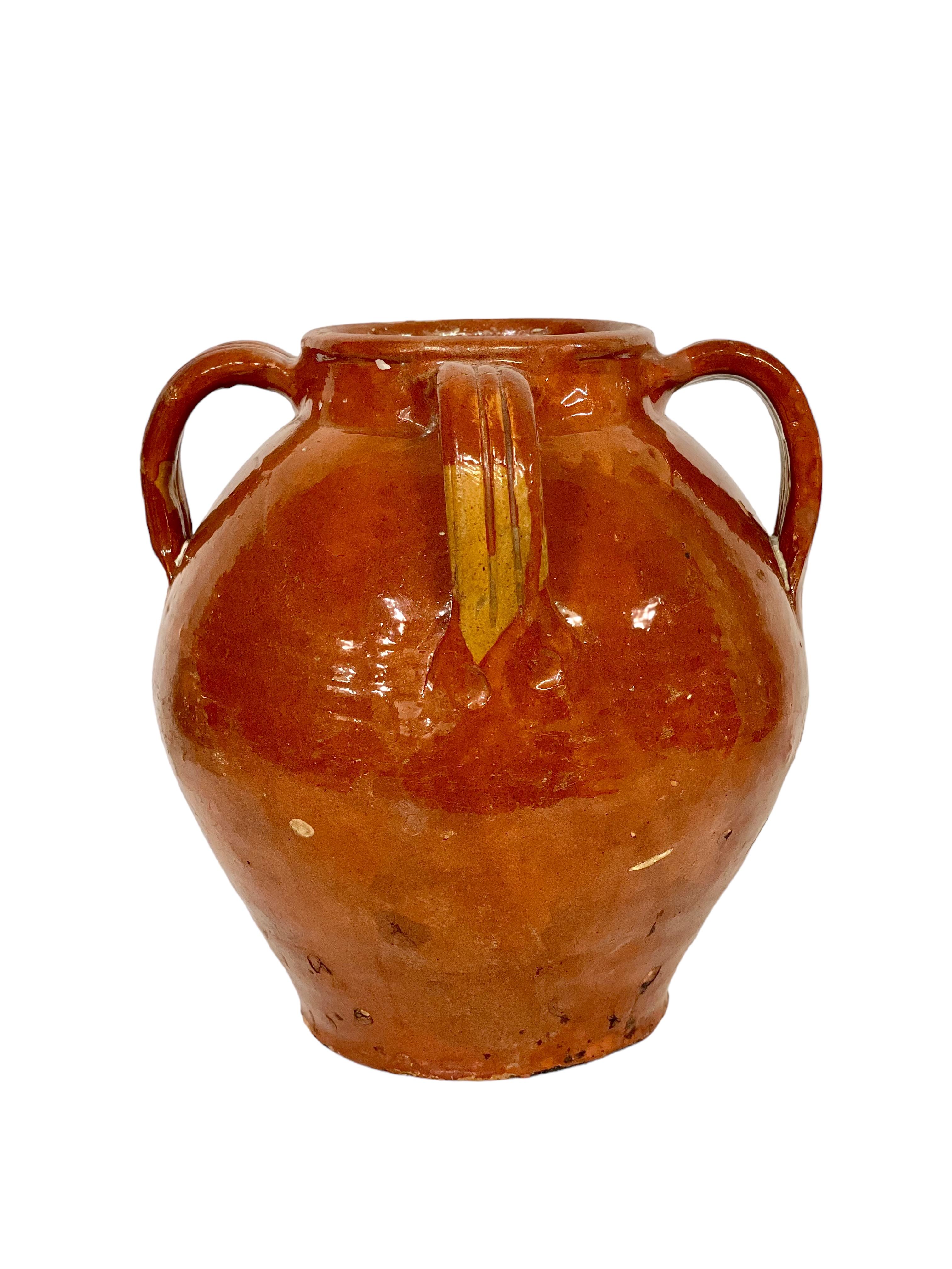Glazed 19th C. Large French TerracottaJug with Three Handles, from Dordogne Region For Sale