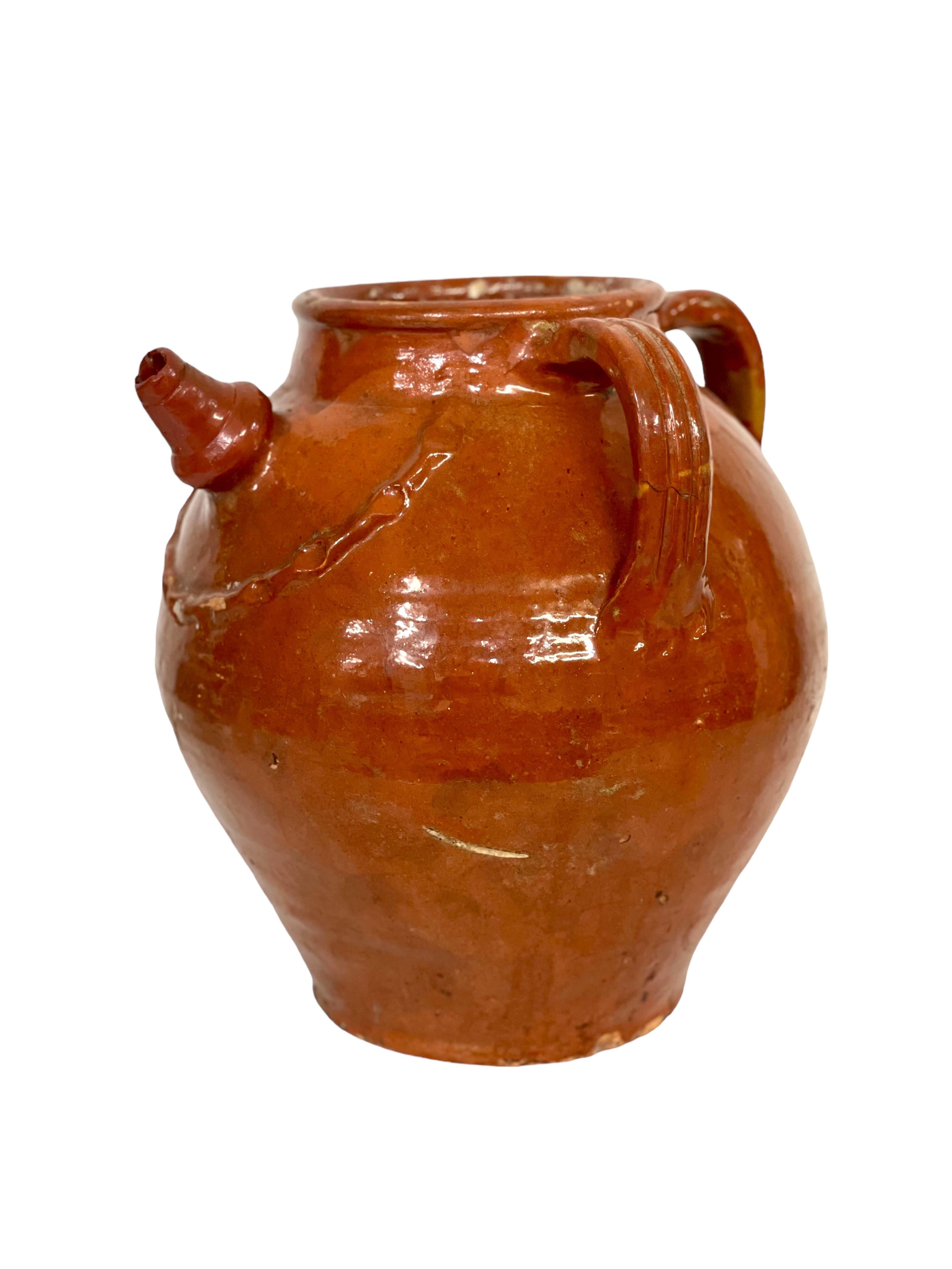 19th Century 19th C. Large French TerracottaJug with Three Handles, from Dordogne Region For Sale